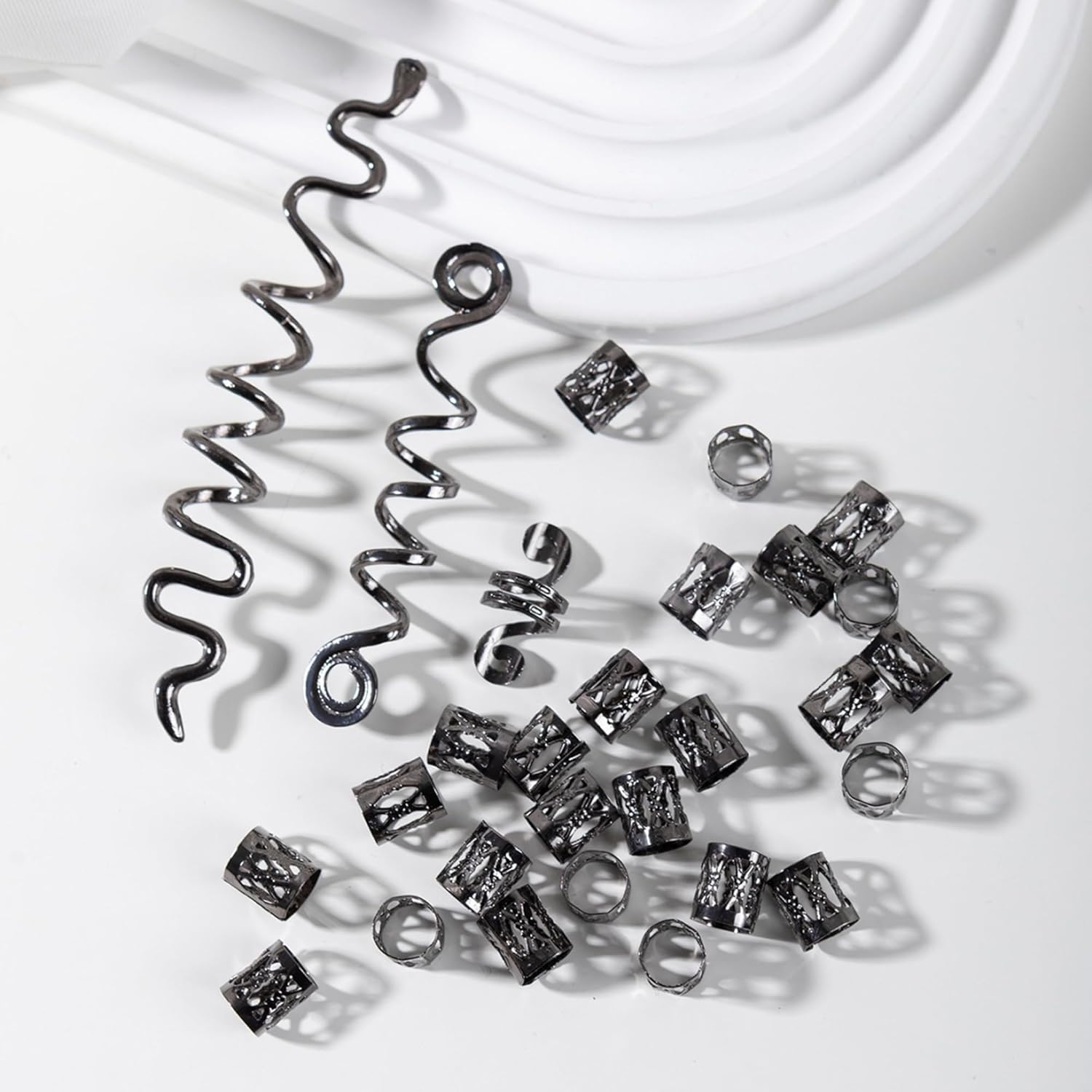 XCSJ 28 Pieces Dreadlock Jewellery Hair Spirals Clips Hair Braid Rings Adjustable Metal Cuffs Hair Dreadlocks Accessories Cuffs Hair Accessories Set Hair Spirals Dreadlocks for Men, Women (Black) - Silver image number 6
