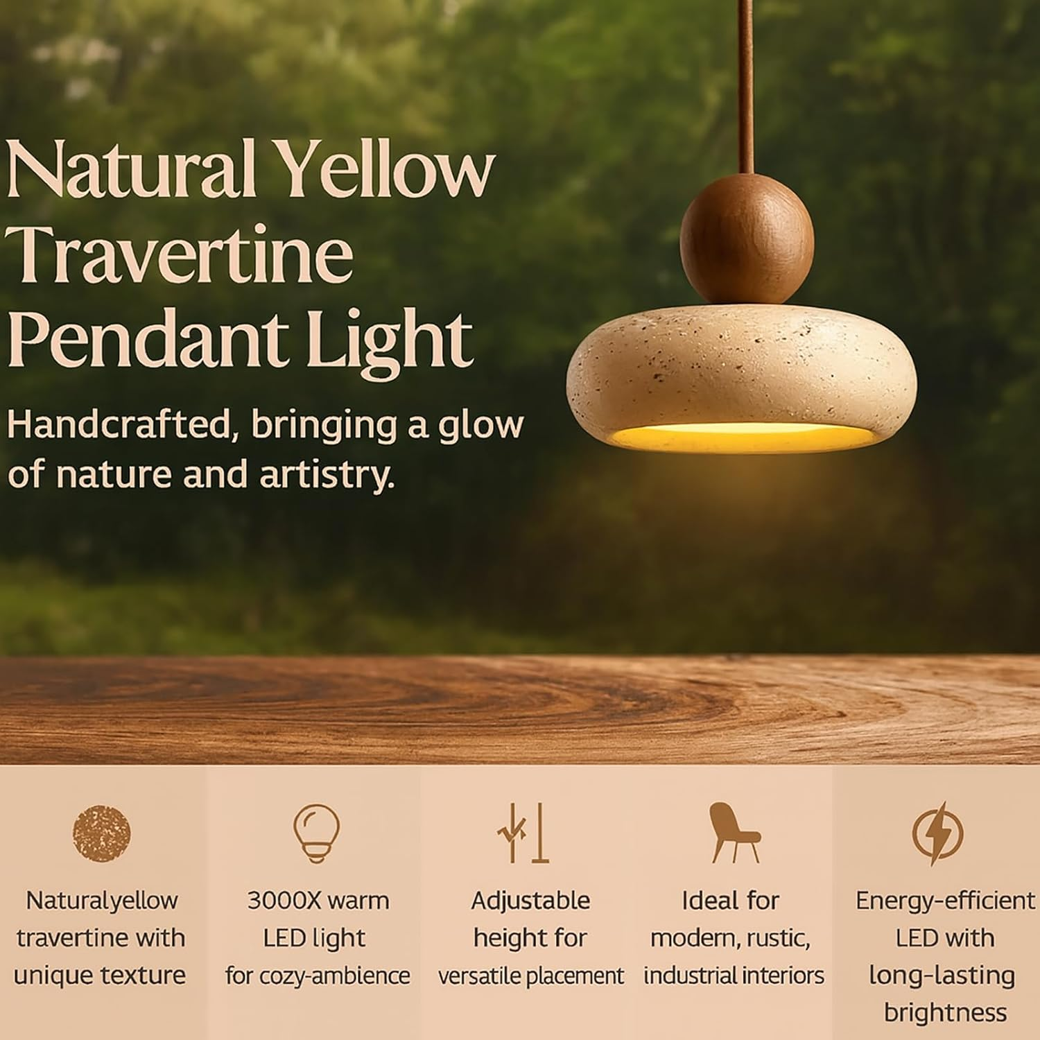 Natural Yellow Travertine Pendant Light, Style LED Ceiling Lamp 3000K for Bedroom, Kitchen Island, Dining Room, Interior Lighting Fixture (A,20Cm) image number 2