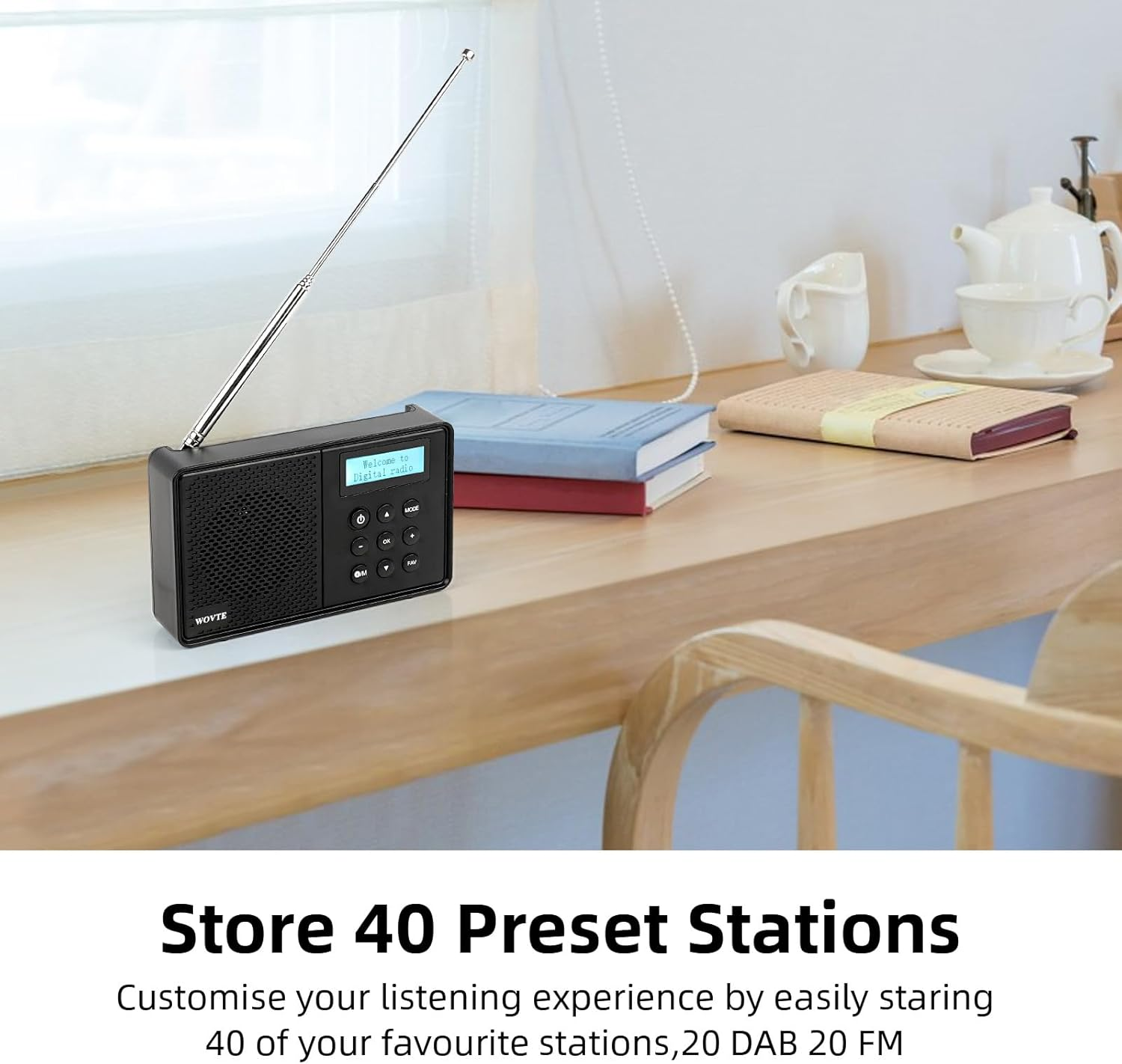 DAB Radio Portable, WOVTE DAB+ Digital Radio Rechargeable FM Radio, Small Radio with Bluetooth, DAB Radio Mains Powered or Battery with 40 Presets LED Display Alarm Clock Sleep Timer Headphone Socket