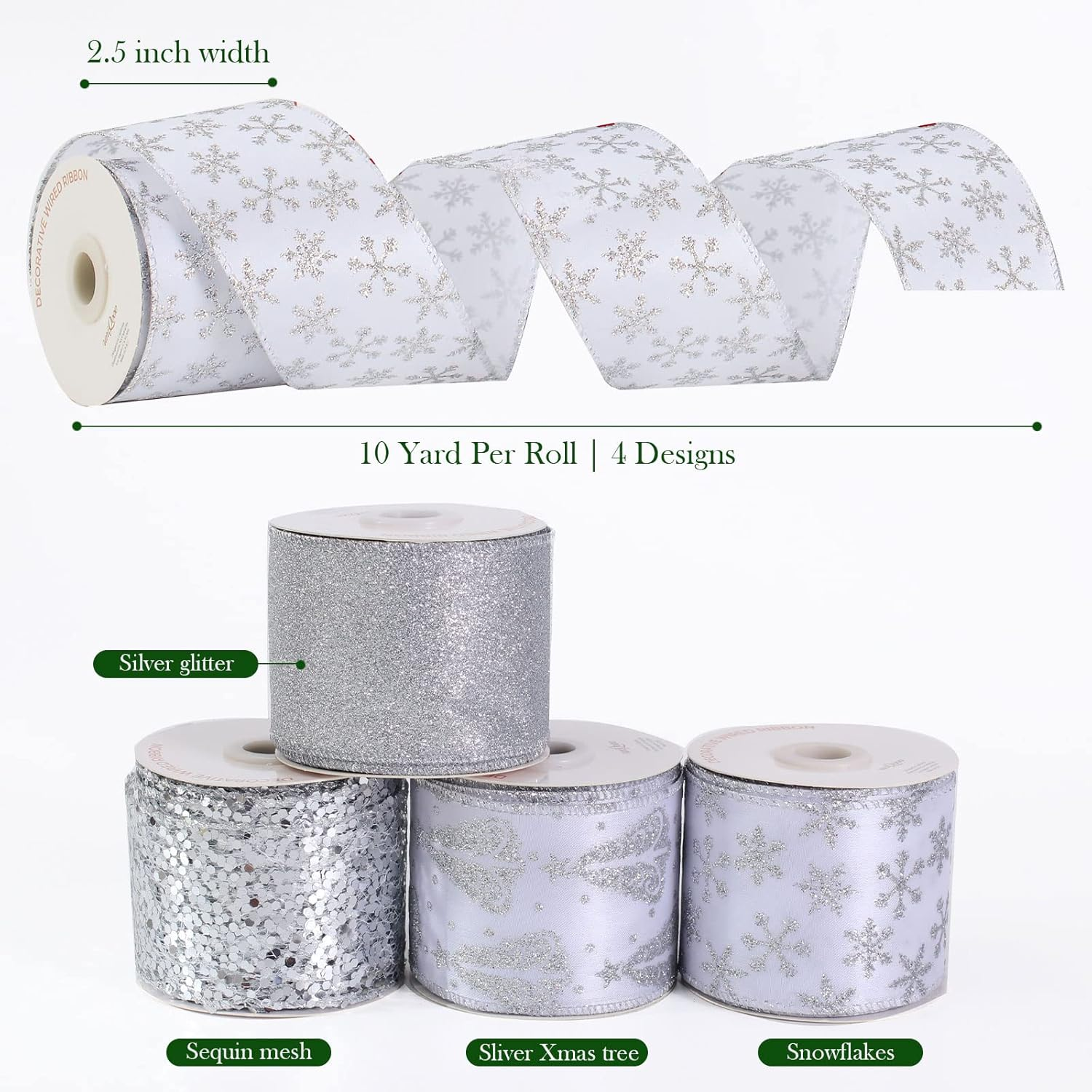 UNIQOOO 40 Yard 4 Rolls Seamless Silver Christmas Wired Ribbon Set, 2.5 Inch X 10Yd. Satin Burlap Wired Edge Ribbon for Xmas Tree D&eacute;cor, Gift Wrap Box, Bows, Wreath, Garland, Floral DIY Craft, Wedding