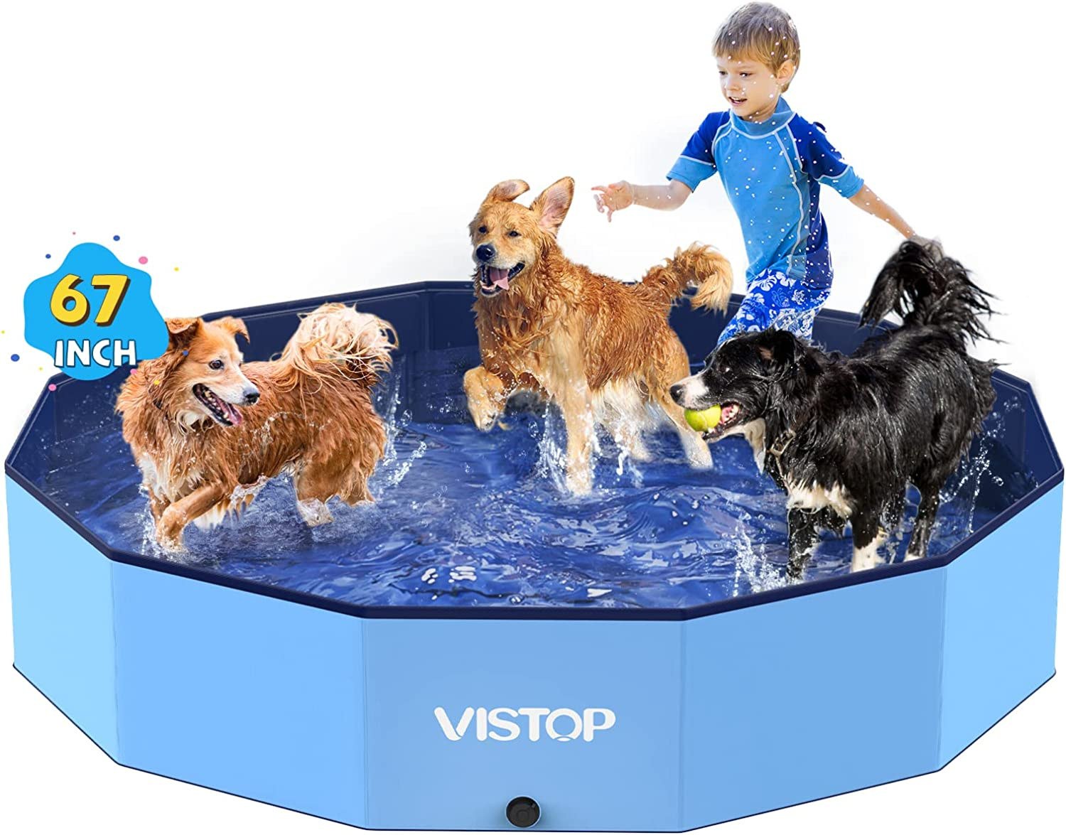 VISTOP Extra Large Foldable Dog Pool XXL, Hard Plastic Shell Portable Swimming Pool for Dogs Cats and Kids Pet Puppy Bathing Tub Collapsible Kiddie Pool (67Inch.D X 11.8Inch.H, Blue) image number 3