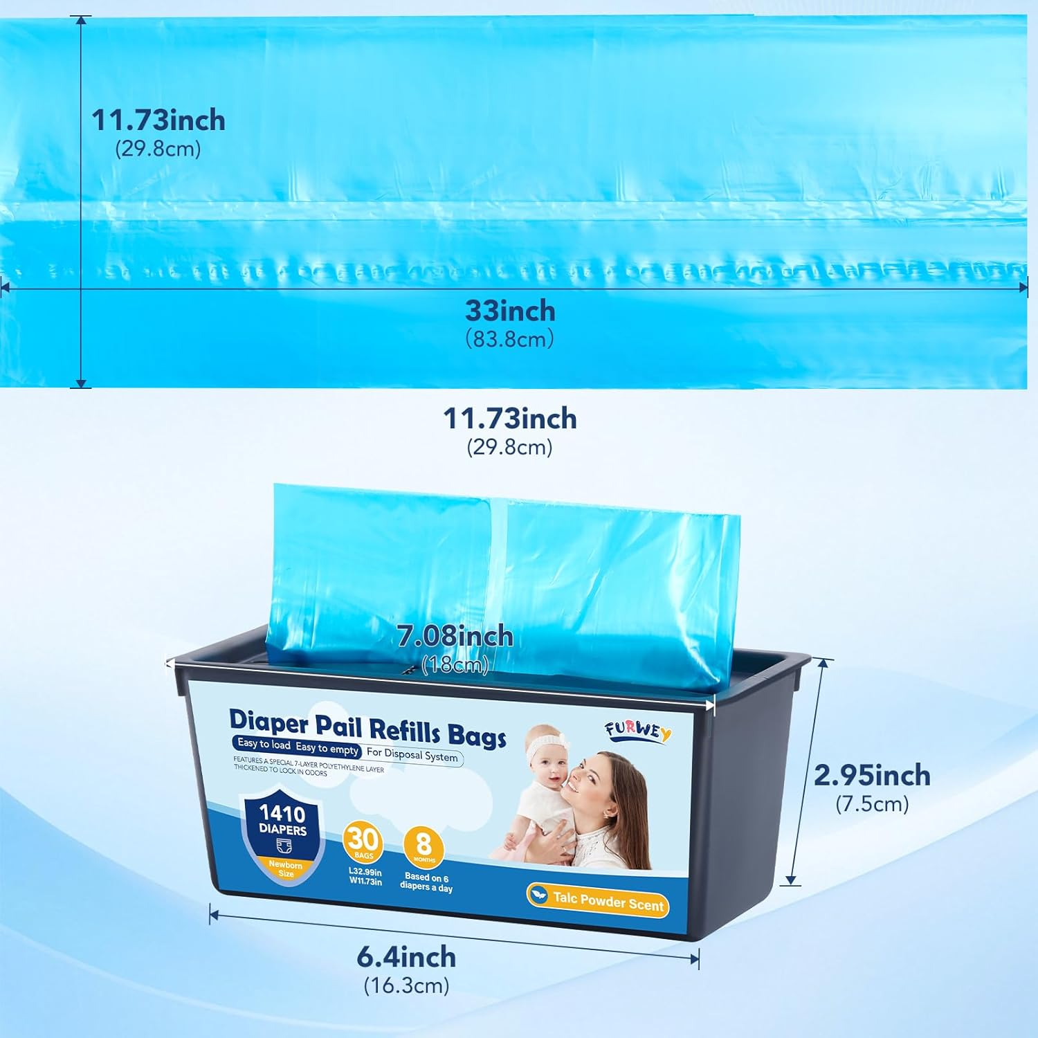 Diaper Pail Refill Bags 30 Bags per Refill Holds up to 5640 Newborn Diapers 7 Layer Odor Barrier Technology 4PACK (120 Bags) image number 3