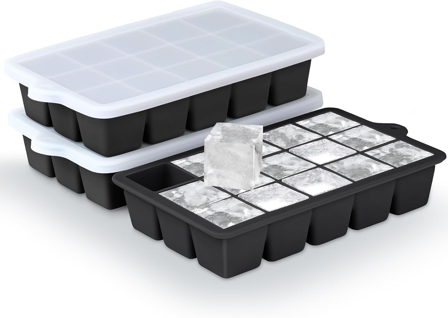Ice Cube Trays Set of 3, Easy Release 15 Flexible Silicone Ice Cube Molds with Removable Lid Reusable Freezer Ice Trays Stackable for Whiskey, Baby Food (3, Blue+Grey+Pink)