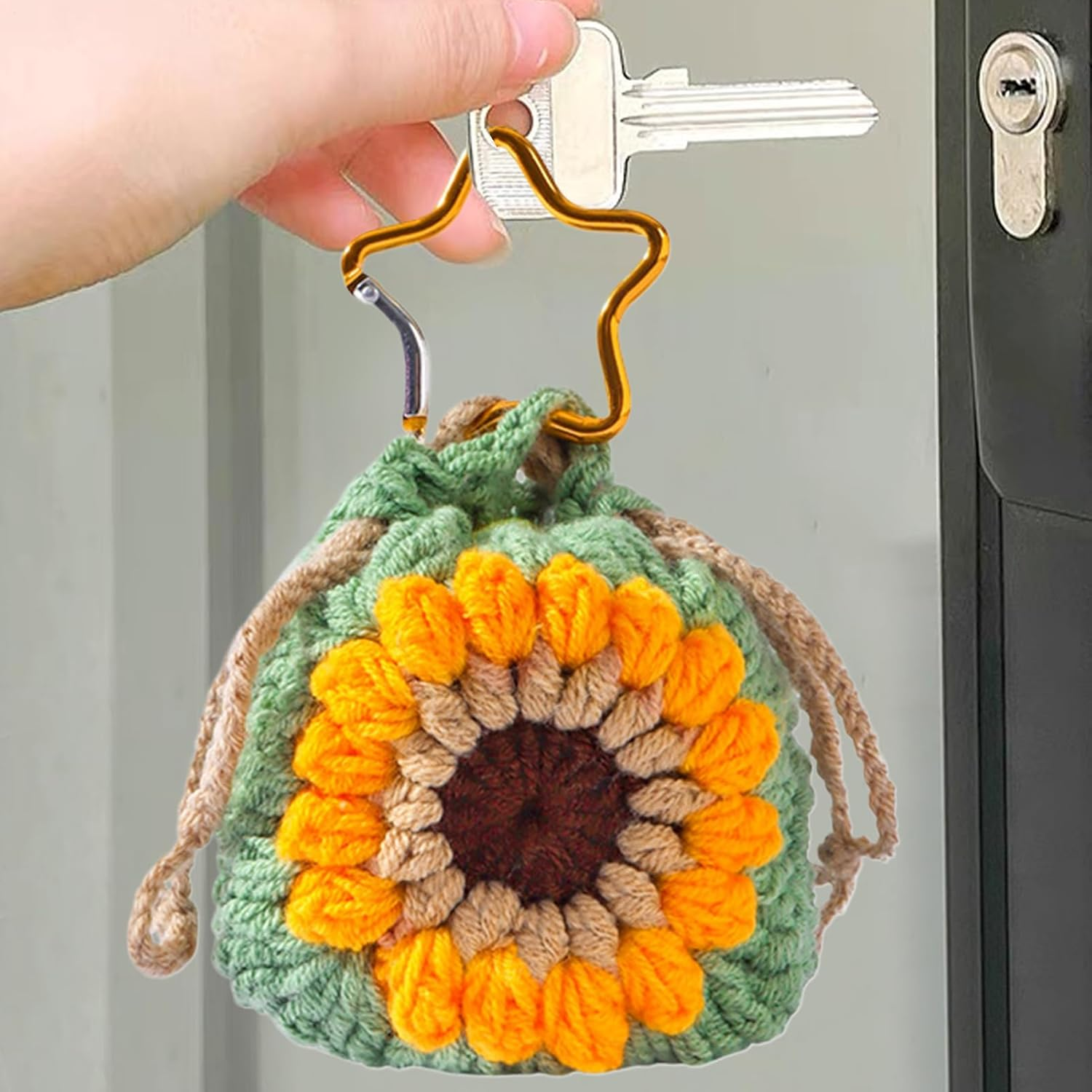 Keychain Coin Purse &ndash; Crochet Sunflower Key Charm, Drawstring Pouch Holder | Cute Coin Purse for Girls Men Teens, Mini Storage for Cards Keys, Backpack Handbag Accessory School Gift image number 3