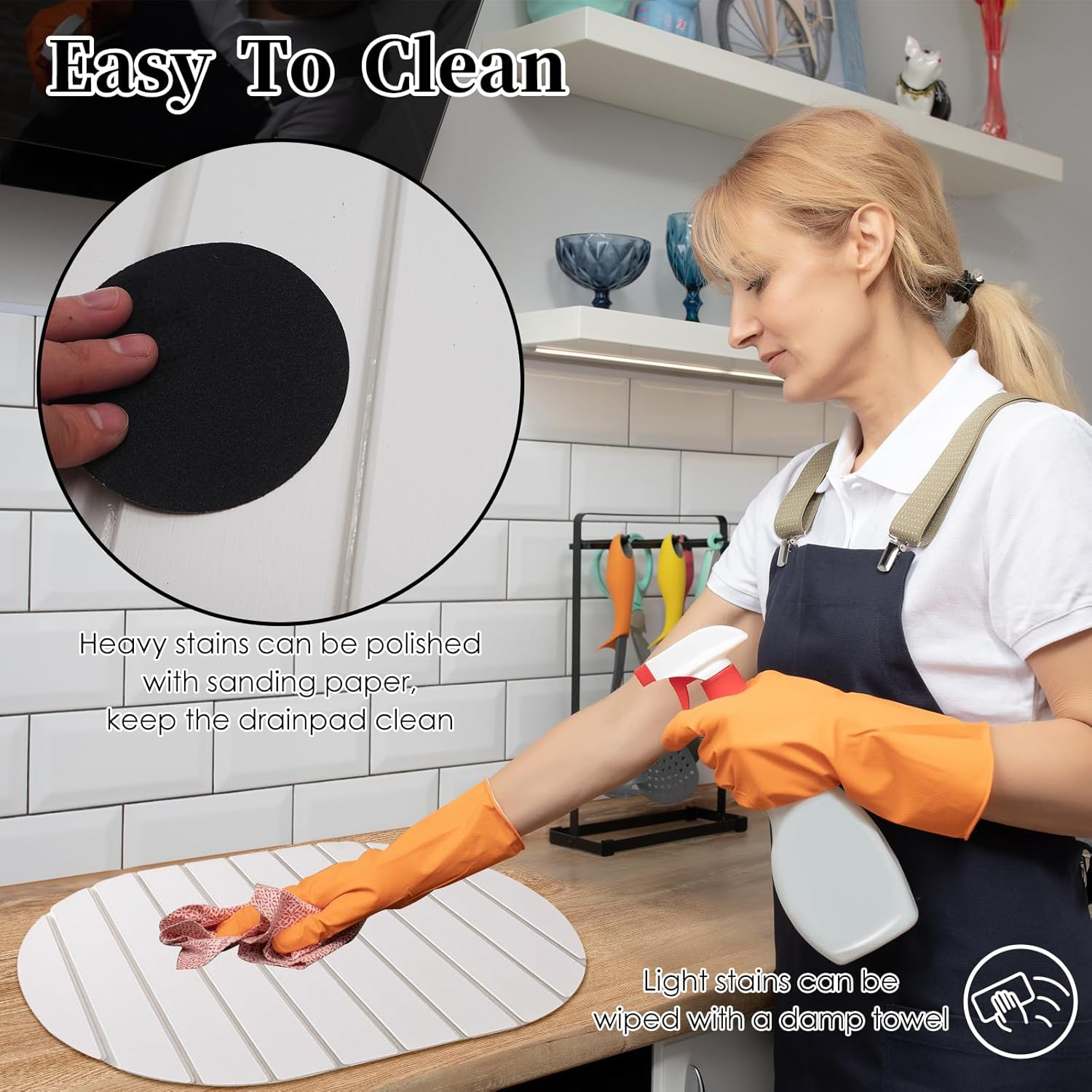 Stone Dish Drying Mats for Kitchen Counter & Sink, Large Quick Dry Collapsible Absorbent Diatomaceous Earth Dish Drying Mat for Dishes Bottles Cups Any Countertop (White-Oval, 60X39Cm) image number 6
