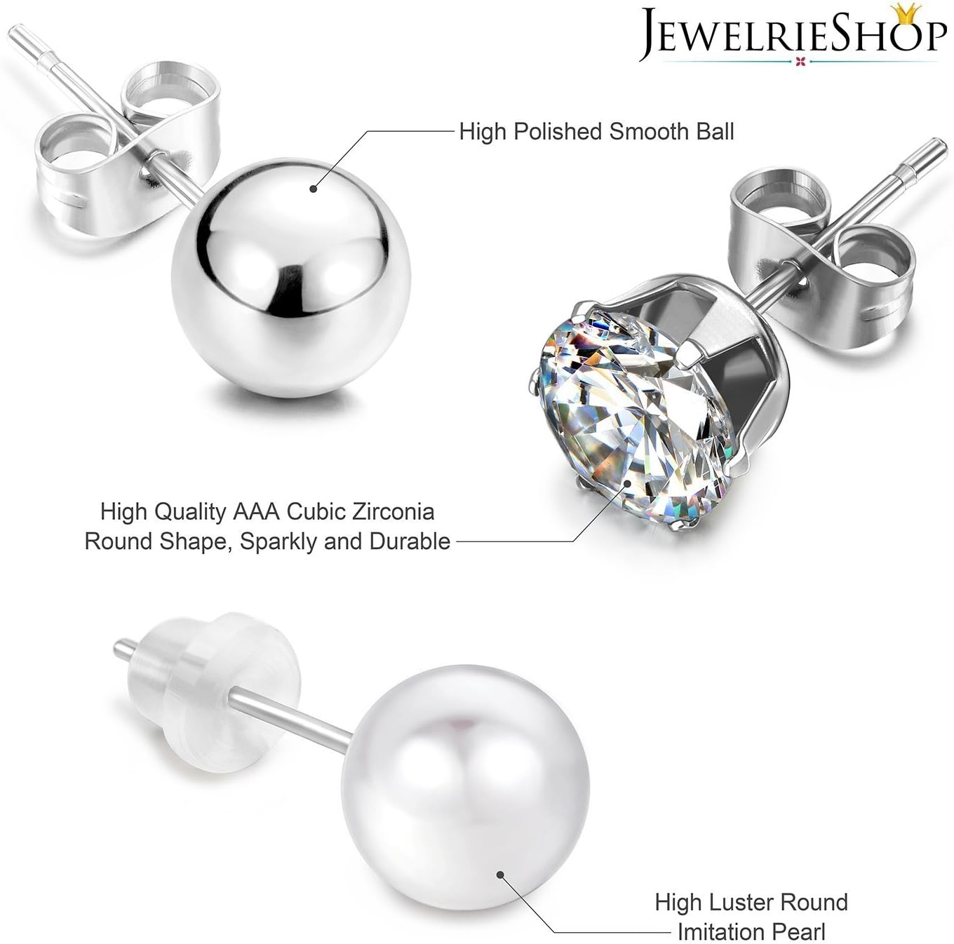 Jewelrieshop Stainless Steel round Ball Studs Cubic Zirconia Studs Faux Pearl Earrings Set for Women (8 Pairs / 18 Pairs) image number 6