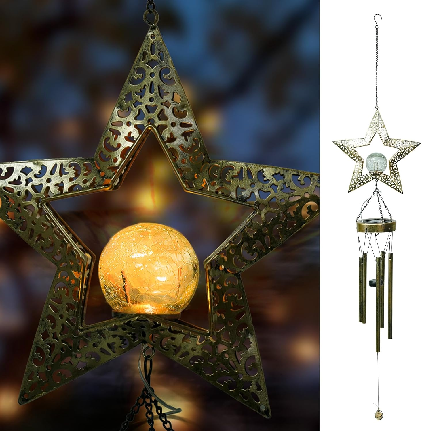 Ferrisland Solar Wind Chimes for outside Clearance, Sun Windchimes Outdoors for Porch Patio with Crackle Glass Ball LED Light, Waterproof Metal Outdoor Hanging Decor for Women Wife Mom image number 1