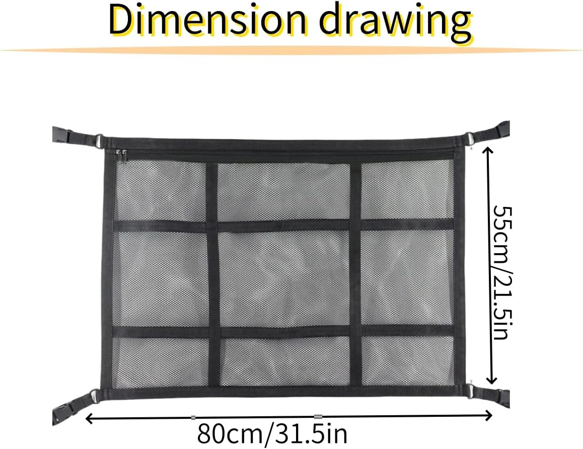 Car Ceiling Storage Net,Truck Netting for Cargo,Adjustable Double Large Car Ceiling Storage Net,Double-Layer Mesh Roof Camping Essentials, Bag for SUV Long Trip Camping (Black) image number 2