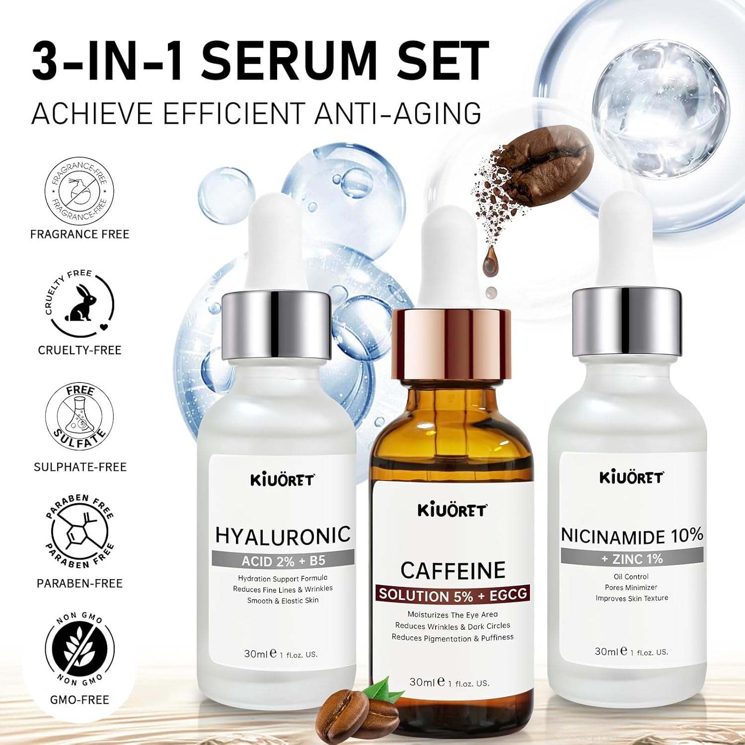 Anti Aging Face Serum Set 3 PCS, Caffeine Solution, Niacinamide and Hyaluronic Acid Serum for Face, anti Aging & Wrinkle, Improve Skin Texture, Deeply Hydrating for All Skins