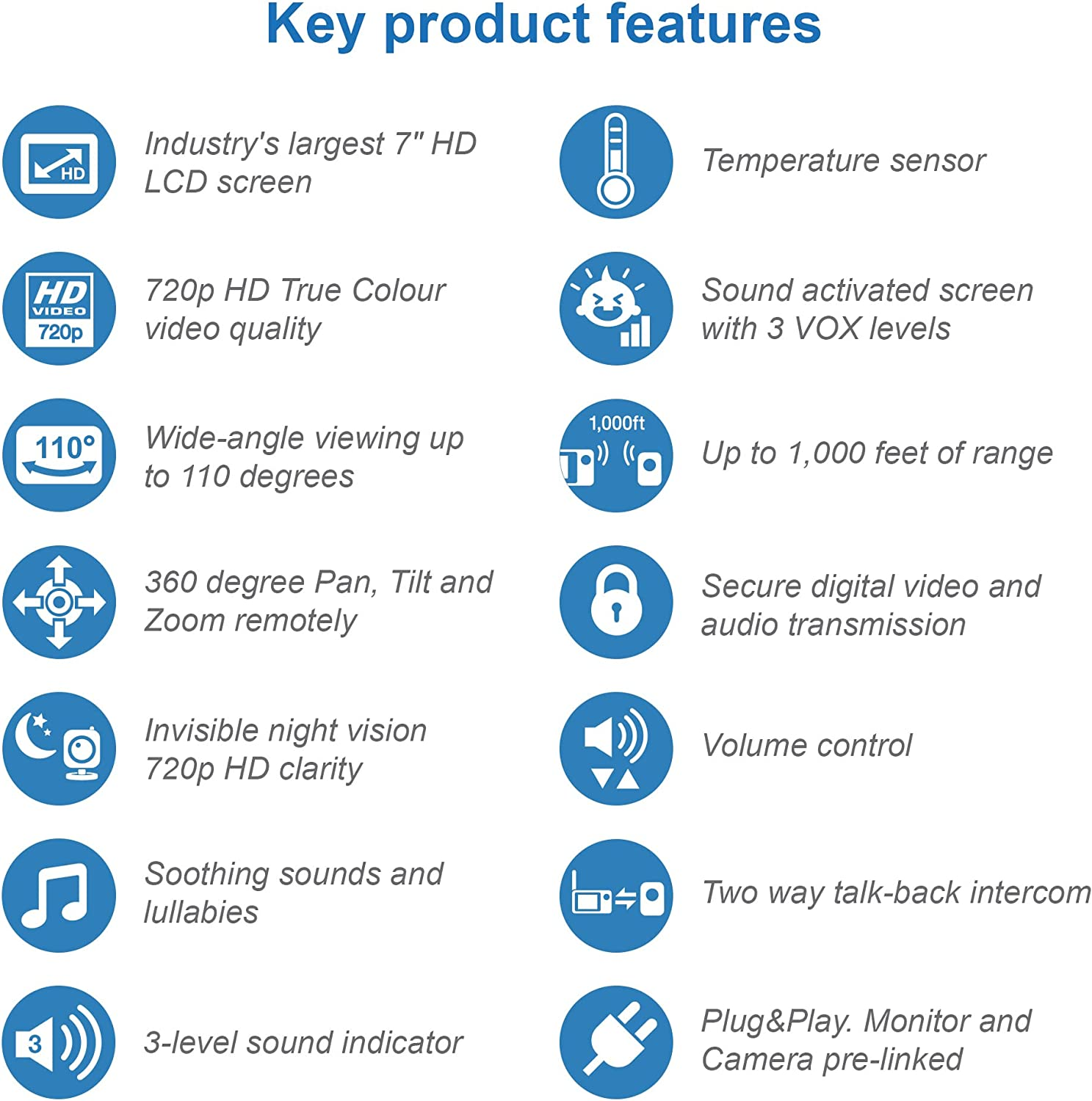 Vtech BM7750HD 7" Pan & Tilt Full Colour Video Baby Monitor, 2-Way Talk, Soothing Sounds, Temp Sensor & Motion Detection, up to 15 Hours Battery Life image number 2