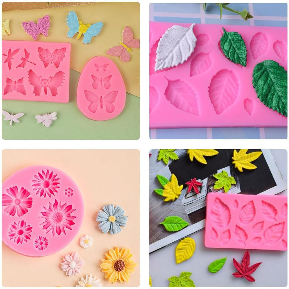 8 Pcs Fondant Silicone Molds Set, Esforzarse Mini Flower Butterfly Molds Leaf Molds, Rose Butterfly Daisy Rose Leaf DIY for Chocolate Candy Dessert Cake Decorating(Pink)