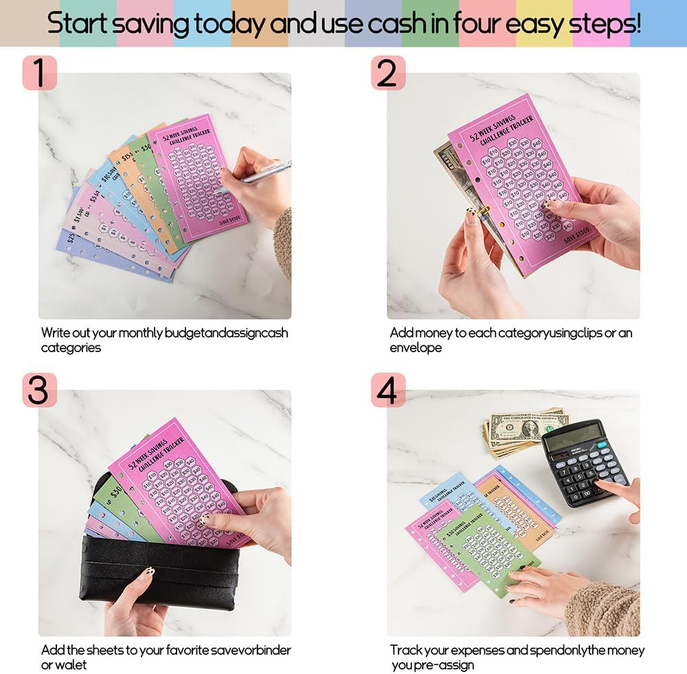 48 Sheets 100 Envelopes Money Saving Challenge Binder Trackers,6 Ring A6 Binders Savings Challenge Trackers Cards for Budget Planner,Savings Challenge Multiple Budget Sheets for Cash Stuffing Binder image number 3