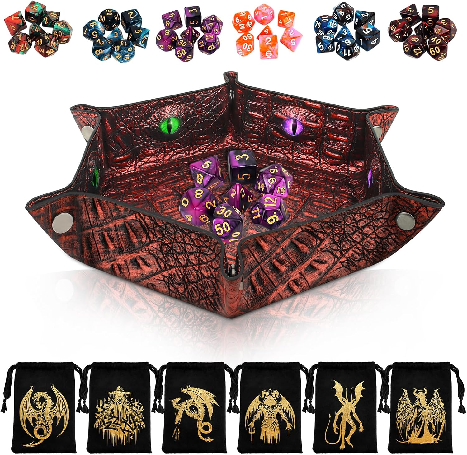Byhoo DND Dice Set, 6 Sets Double-Colors Polyhedral Dice with 6 Drawstring Bags and Crocodile Pattern Dice Tray for RPG, MTG & Table Games, Ideal for DND Enthusiasts & DM