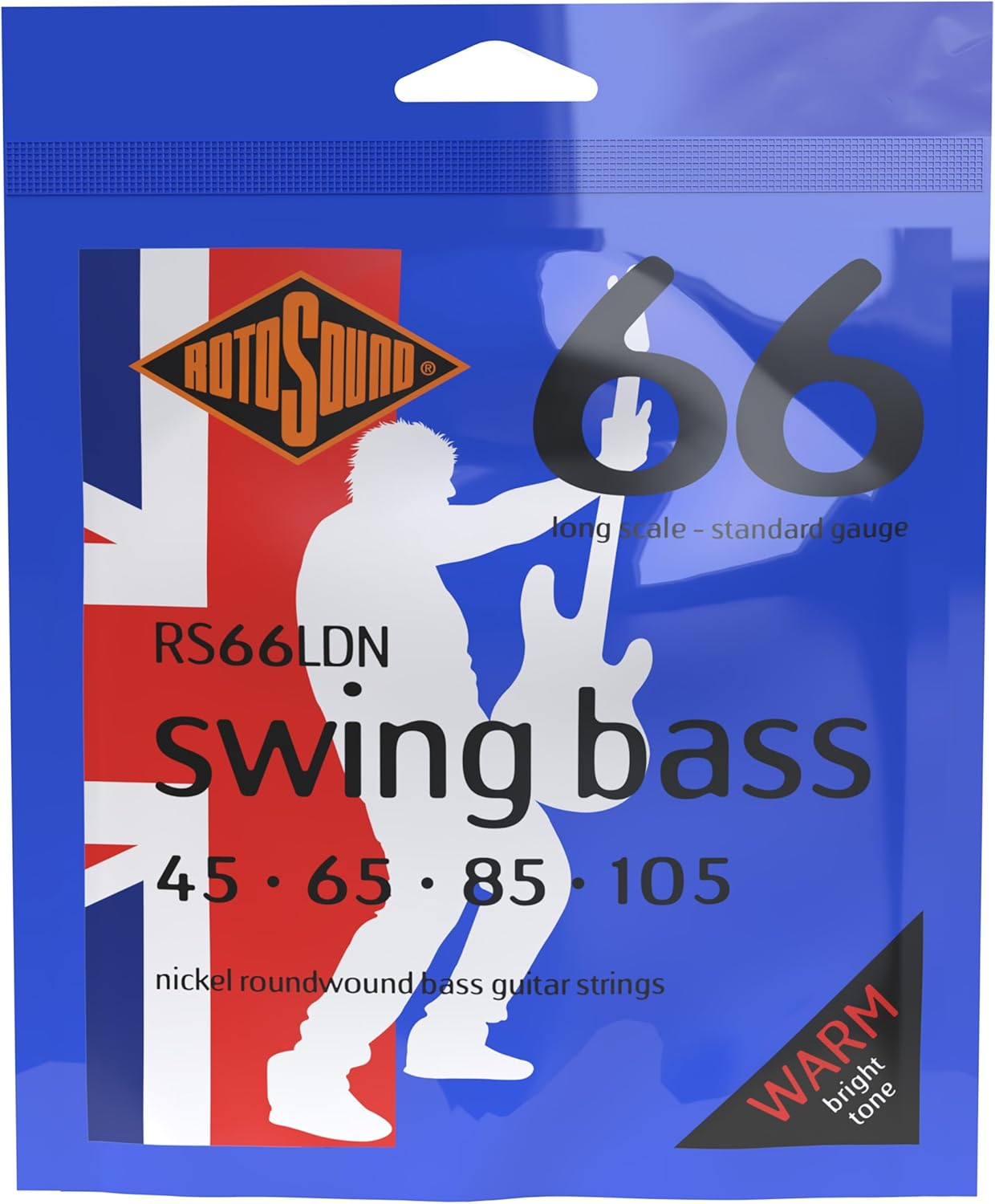Rotosound RS66LDN Nickel Standard Gauge Roundwound Bass Strings (45 65 85 105), White Black Red Blue,Small Medium Large X-Large 2X-Large
