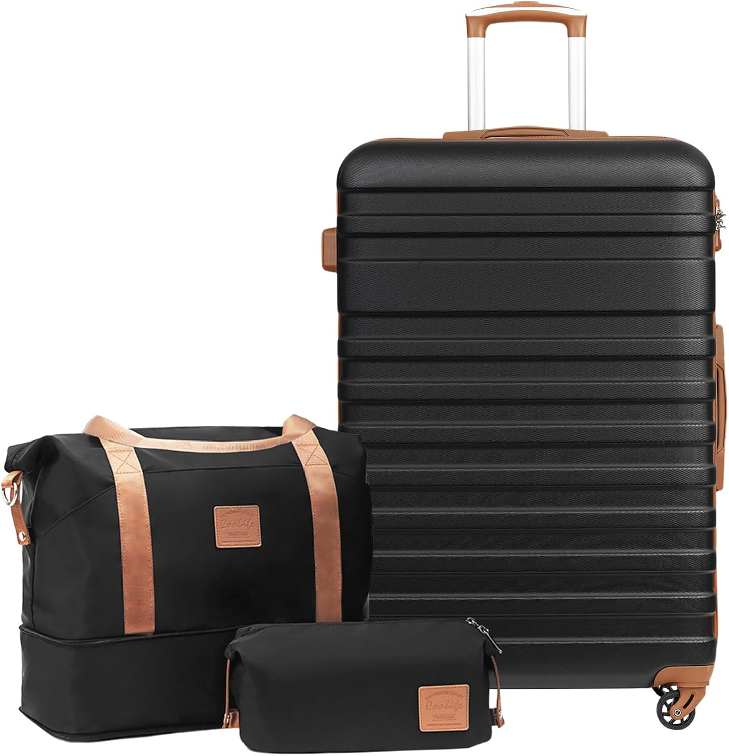 COOLIFE Suitcase Trolley Carry on Hand Cabin Luggage Hard Shell Travel Bag Lightweight the Suitcase Included 1Pcs Travel Bag and 1Pcs Toiletry Bag (Black, 5 Piece Set)