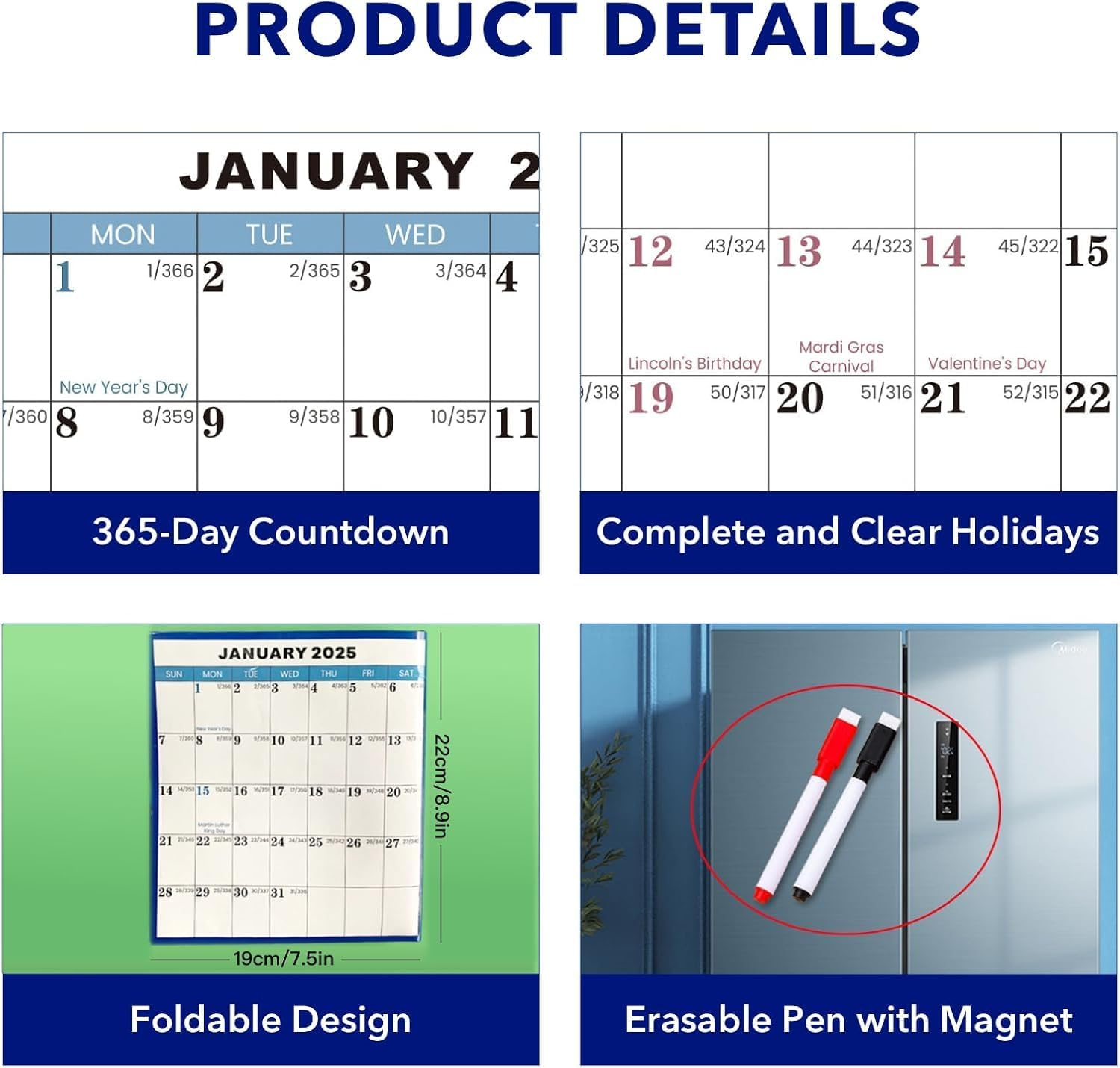 2025 Wall Calendar Erasable Large, 58 X 88 Cm, Wet & Dry Erasable Laminated 12 Month Annual Yearly Planner, Reversible, Horizontal/Vertical, Includes 2 Erasable Pens & Double-Sided Adhesive Pad image number 6