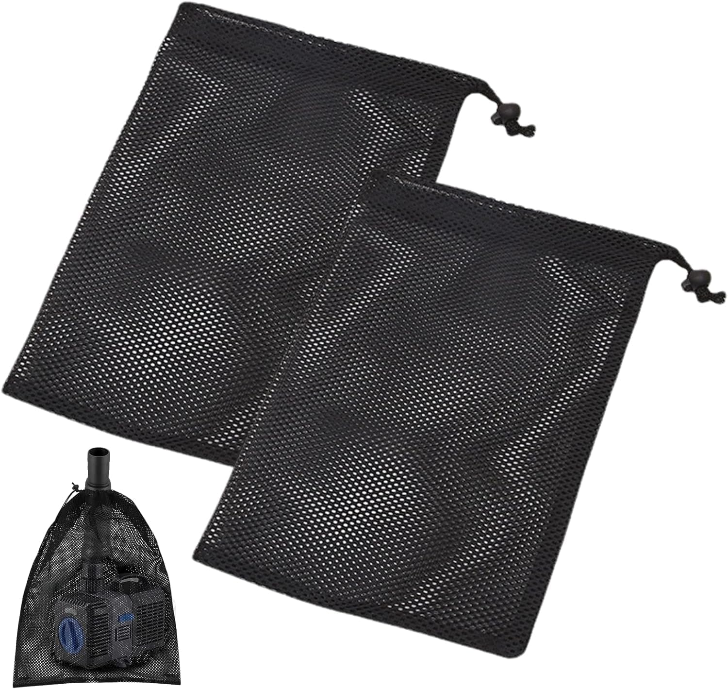 Pump Barrier Pond Filter Bag with Drawstring, 2Pcs Black Media Large Pump Mesh Bags, Pond Pumps Filter Mesh Bags, Drawstring Ponds Meshs Pumps Filters Bag for Outdoor Ponds, Small