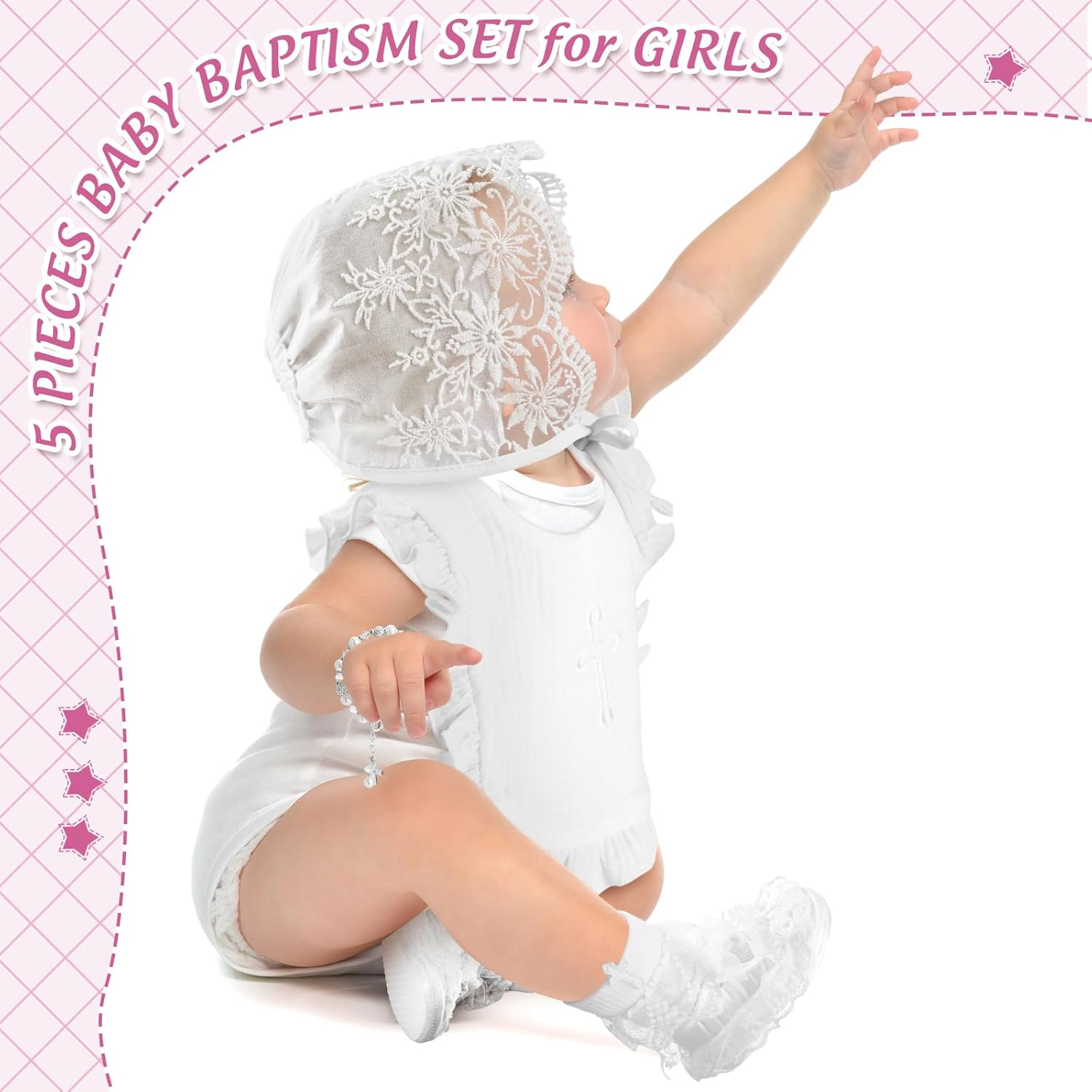 5 Pcs Christening Bib for Baby Girl White Baptism Bib Christening Socks Shoes Baby Bonnet Lace Hat Cross Charm Bracelet Baptism Outfits for Toddler Infant First Communion Gift, White image number 2