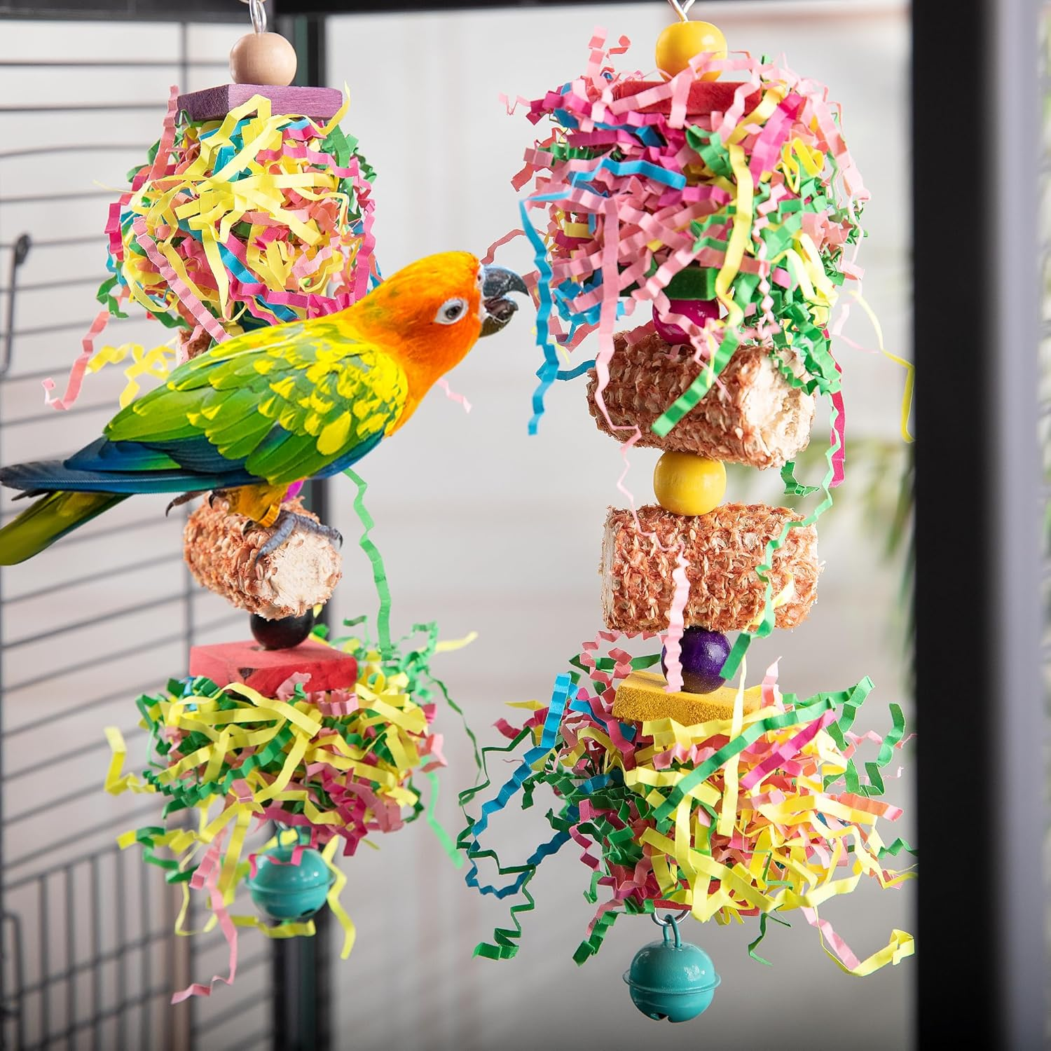 Widenlise 2 Pcs Bird Toys, Bird Shredding Toys, Parrot Chewing Toys, Cockatiel Toys, Include Natural Corn Cob Bells, Hanging Foraging Shredder Toy for Parakeets Budgies, Conures, Finches, A