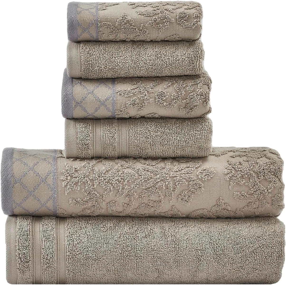 Modern Threads 6-Piece Damask Jacquard/Solid Ultra Soft 550GSM 100% Combed Cotton Towel Set with Embellished Borders [Sage] - Ivory image number 6