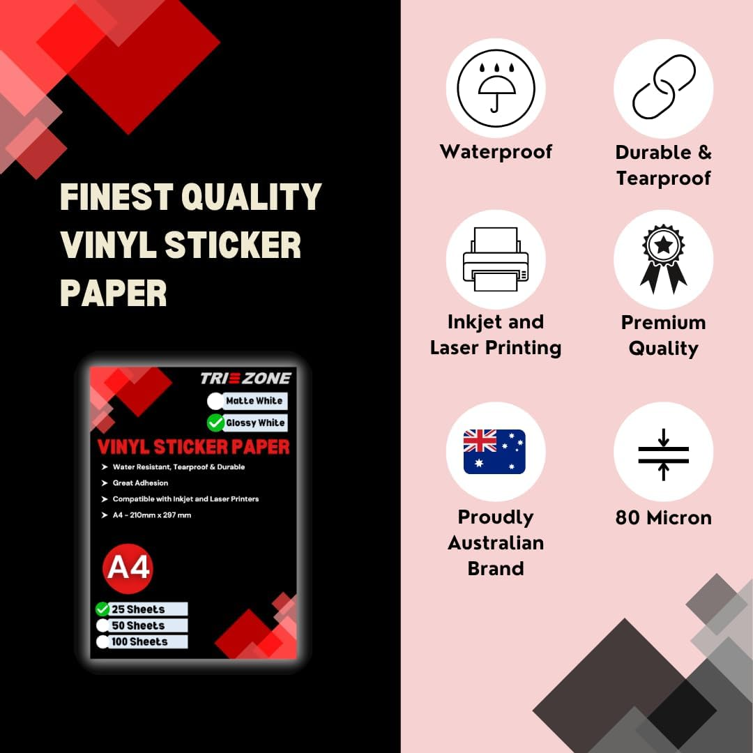 TRI ZONE Printable Vinyl Sticker Paper for Laser or Inkjet Printer, Glossy White, Waterproof, Tear Resistant, Self-Adhesive A4 Sheets, Premium Address Label Stickers, Quick Dry Vivid Colors (25) image number 4