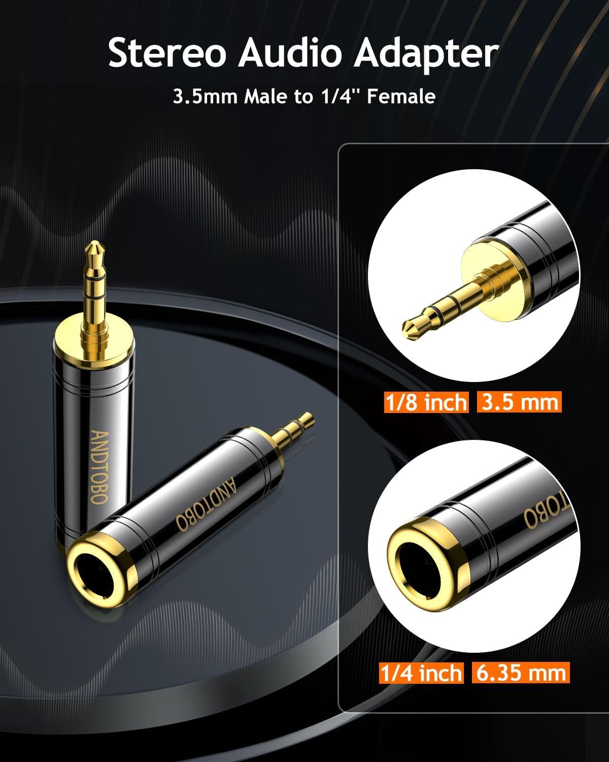 ANDTOBO 1/4'' to 3.5Mm Stereo Pure Copper Headphone Adapter, 3.5Mm(1/8'') Plug Male to 6.35Mm (1/4'') Jack Female Stereo Adapter for Headphone, Amp Adapte, Black 2-Pack