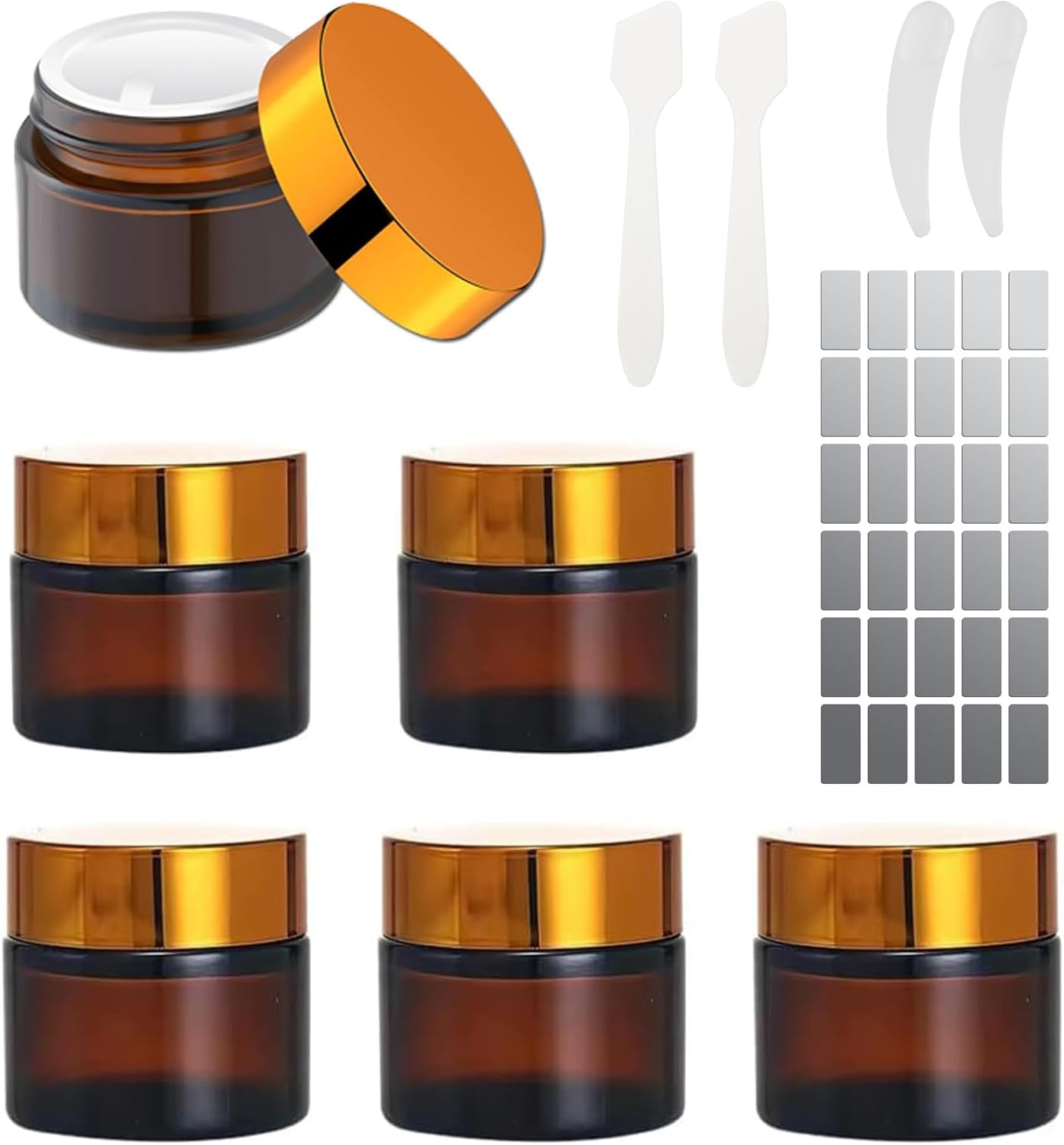 JOWILIN Glass Cosmetic Containers Set, 6 Pcs 50G/50Ml Empty Sample Jars with Inner Liners & Lids & 4 Spatulas Tool, Portable & Reusable Pot, Refillable Travel Jars for Makeup, Lotions, Cream (Amber)