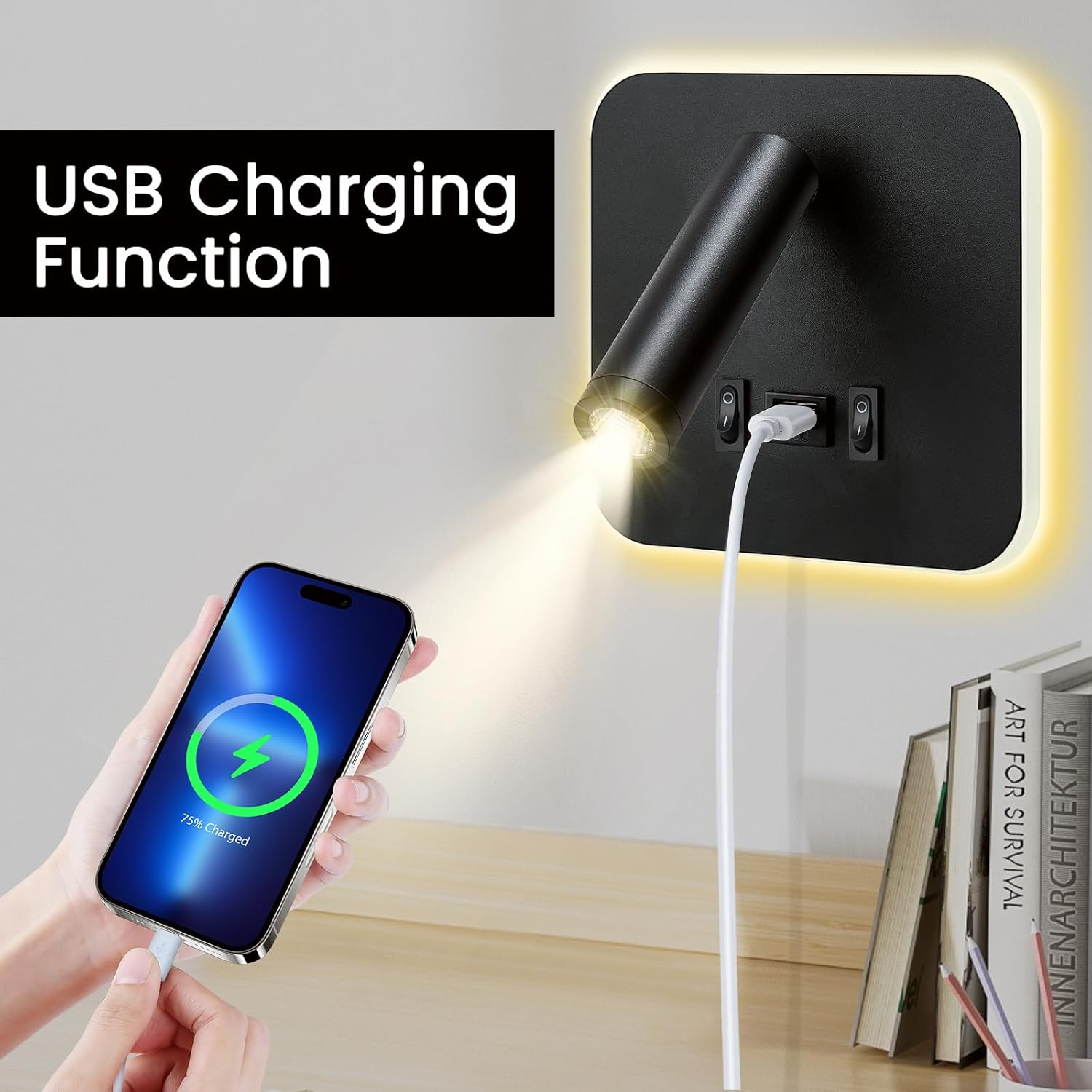 Lnopever 2 X Battery Wall Light Indoor with Motion Sensor, LED Rechargeable Wall Light Indoor with 2 Modes, Has a USB Charging Port, for Stairs, Hallway, Living Room, Bedroom, Garage, Black image number 1