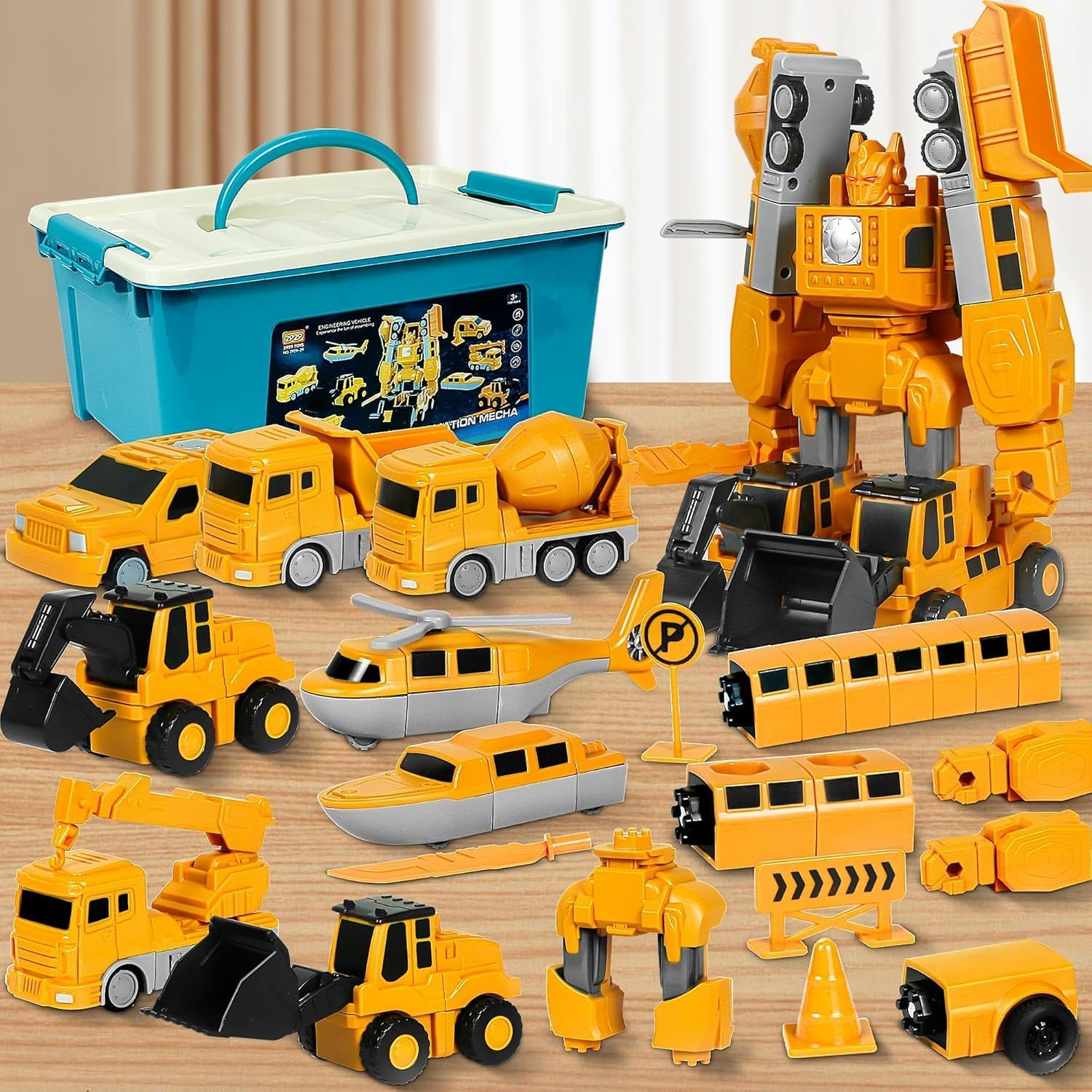 35Pc Magnetic Transform Engineering Car Set - Yellow Construction Toy Vehicle Set for Kids Aged 5-10, Includes Cars, Trucks, Forklifts, Excavators, Robots image number 2
