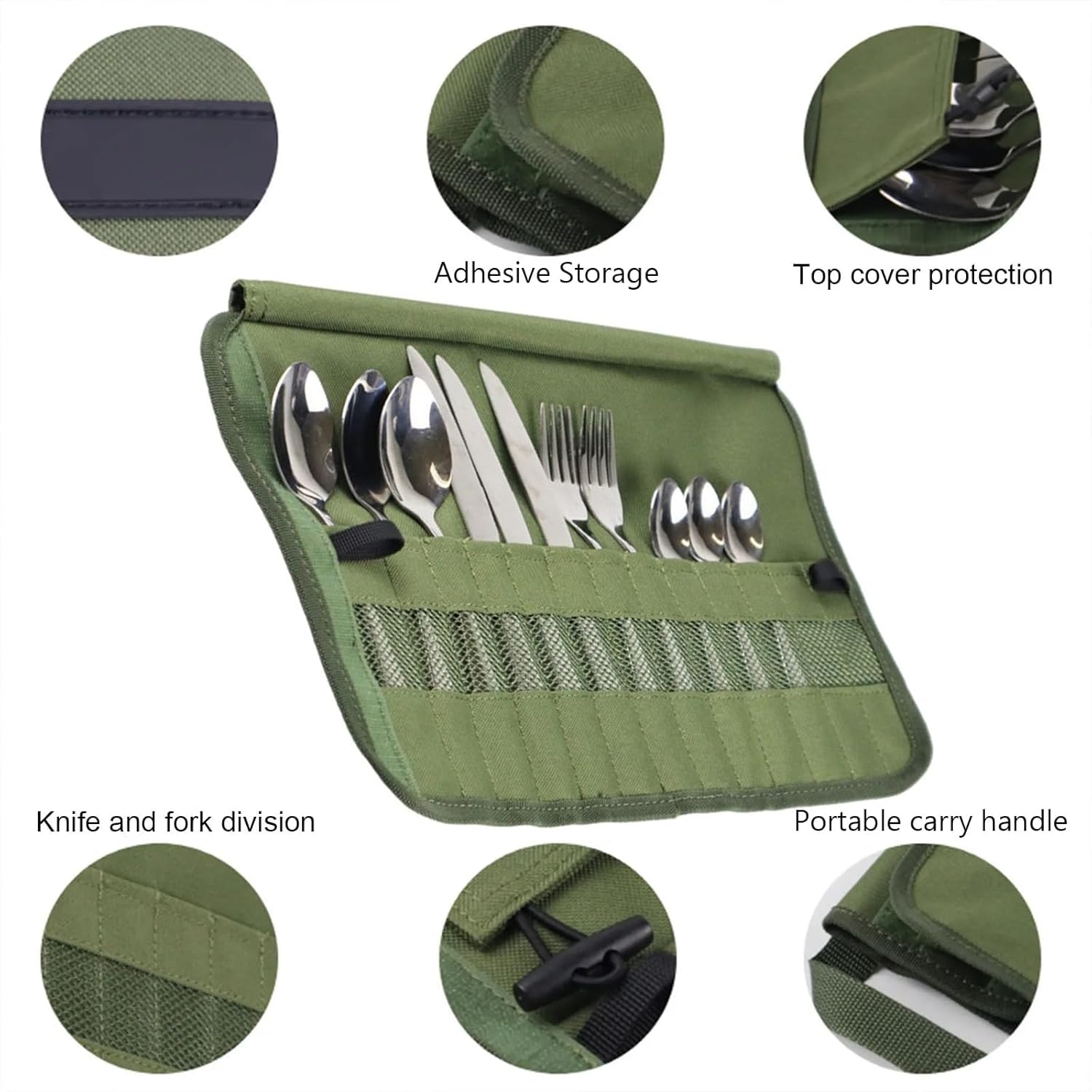 Camping Cutlery Roll,Knife Roll Bag,Waterproof Cutlery Bag with 13 Slots, Portable Silverware Storage Cloth Roll for Forks, Spoons, Chopsticks,Travel & Camping Utensil Pouch, Army Green Cooking Set image number 6