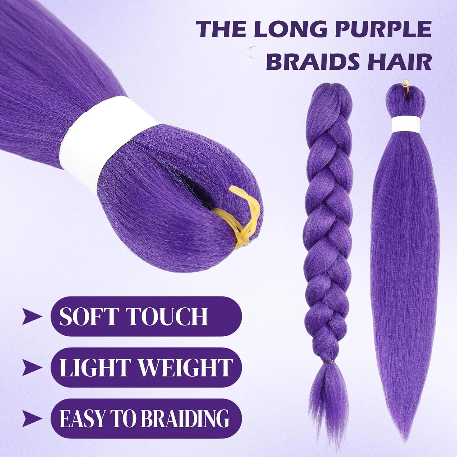 2Pcs Purple Hair Extensions, 26-Inch Pre-Stretched Purple Braids, Role-Play Wigs and Halloween Costume Accessories, Suitable for Children and Adultsirls (A)