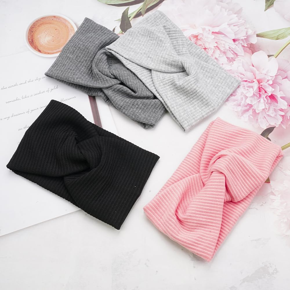 Pack of 4 Cotton Headbands for Women Girls, Women'S Headband, Twisted Headband Women, Hair Band, Wide Elastic Headbands, Hair Bands, Hair Band Knot for Yoga, Running, Training, Fitness image number 5