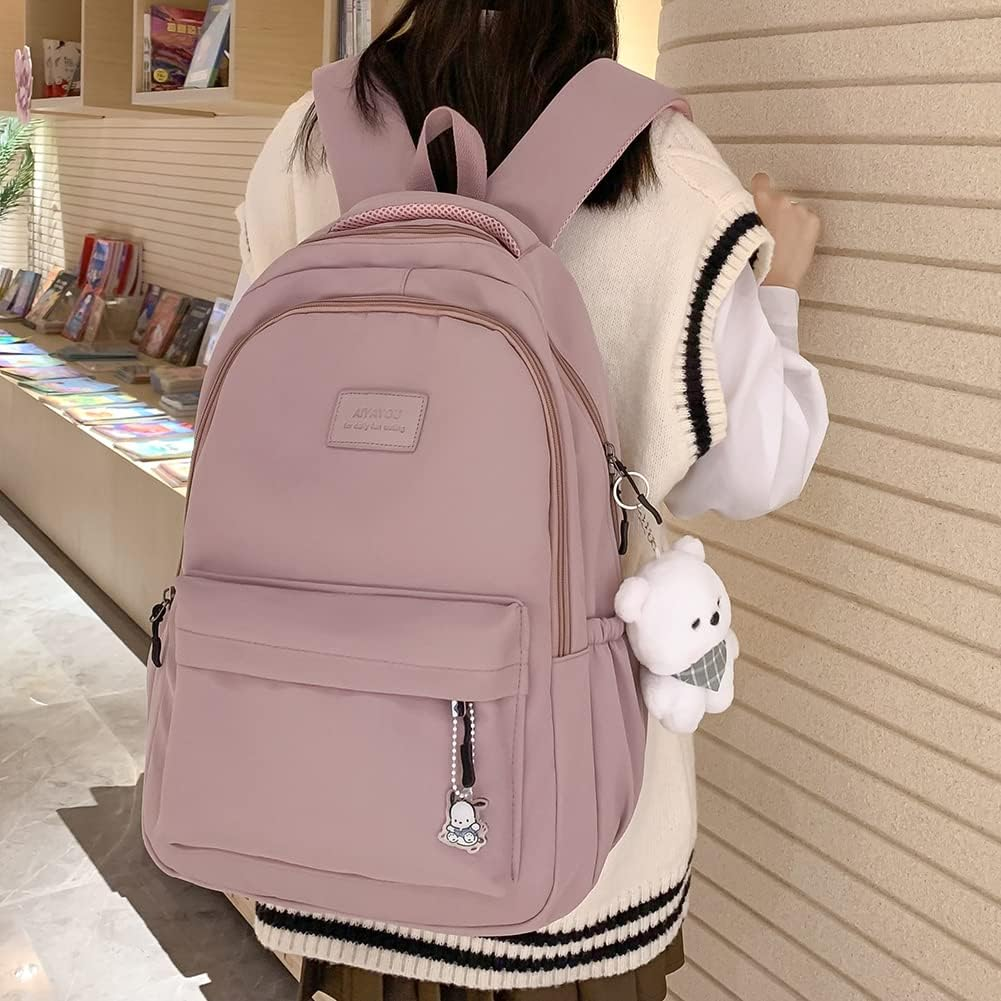 ALINUOYQ Student Schoolbag Large Capacity Ladies Bookbag with Cute Pendant Simple Adjustable Strap Fashion for Teenage Girls image number 5