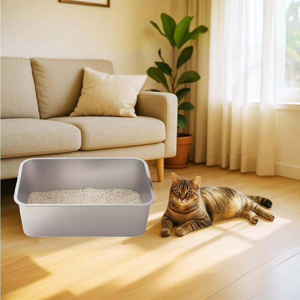 Stainless Steel Cat Litter Box,15.8 X 11.8 X 3.94 in Metal High-Sided Litter Pan, Non-Stick & Odor-Free, Easy to Clean Indoor Pet Toilet for Cats, Kittens & Rabbits image number 1