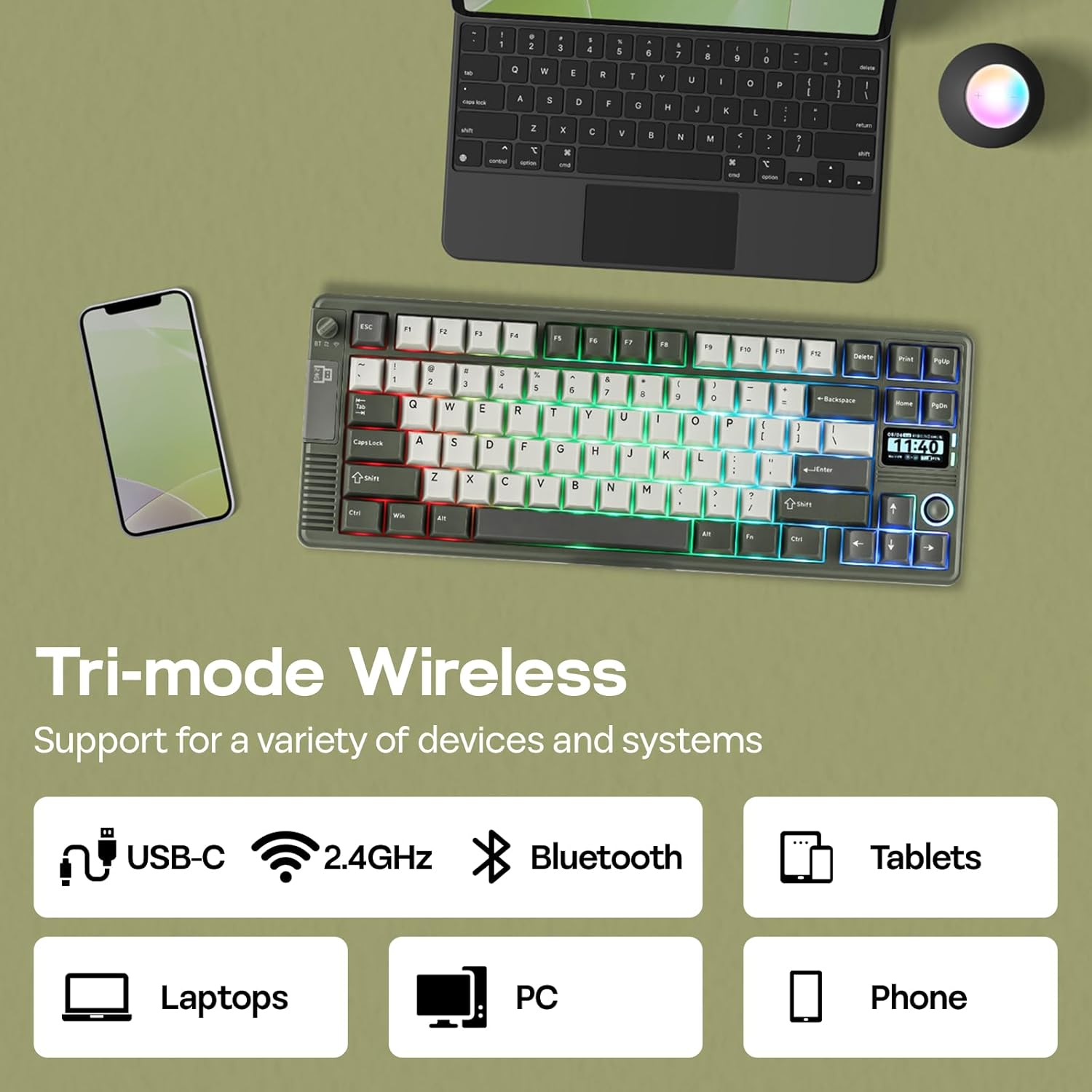 EPOMAKER RT85 Wireless Mechanical Keyboard with Joystick & DIY Screen, 8000Mah, Bt/Usb/2.4Ghz, Hot-Swap, PBT Keycap, Creamy Gasket, 75% Gaming Keyboard, US QWERTY (Army Green, Creamy Jade) image number 4