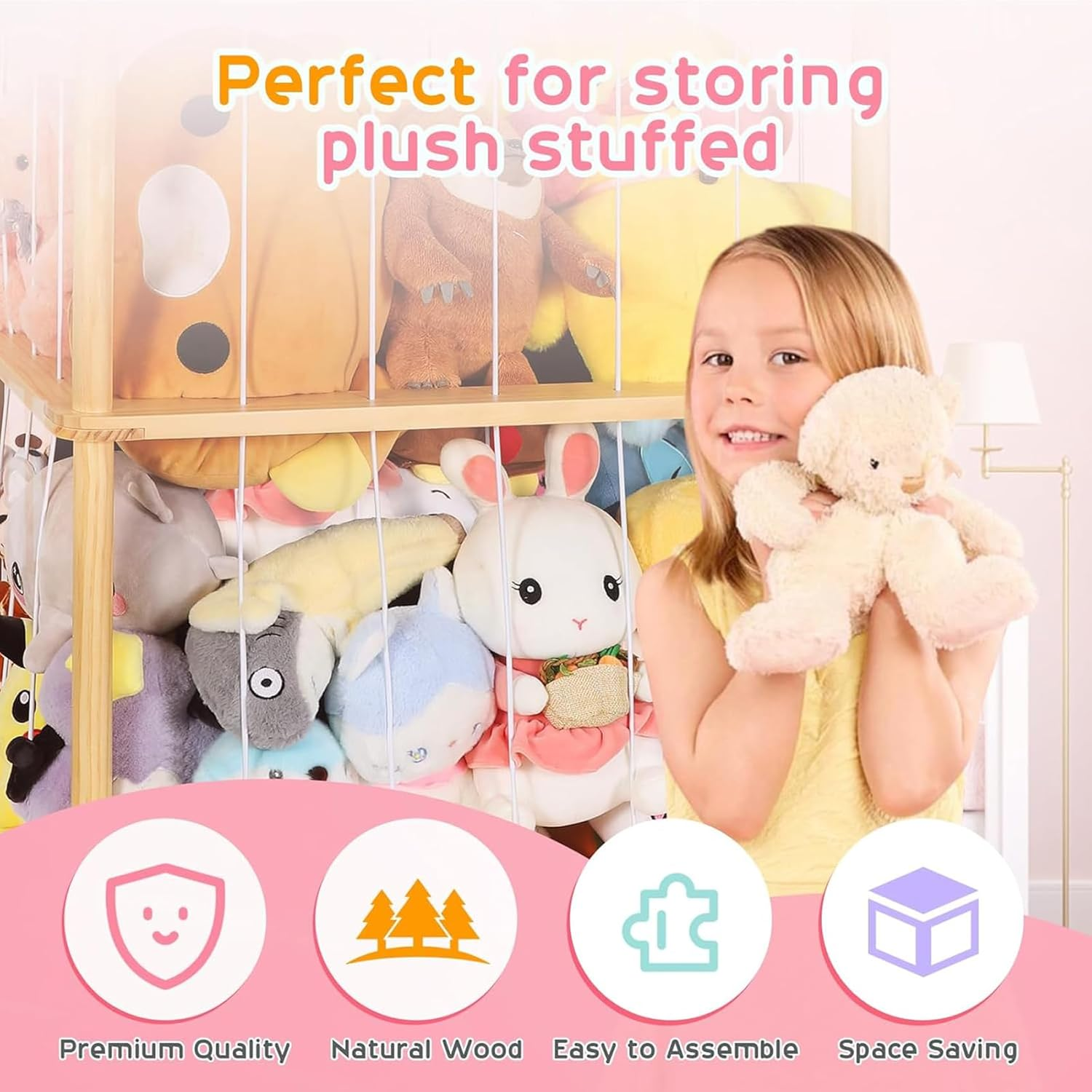 Stuffed Animal Organizer with Elastic Band, Zoo Plush Toy Storage Holder for Nursery, Toddler Room, Playroom, Bedroom, Wooden 40 * 40 * 136Cm image number 4