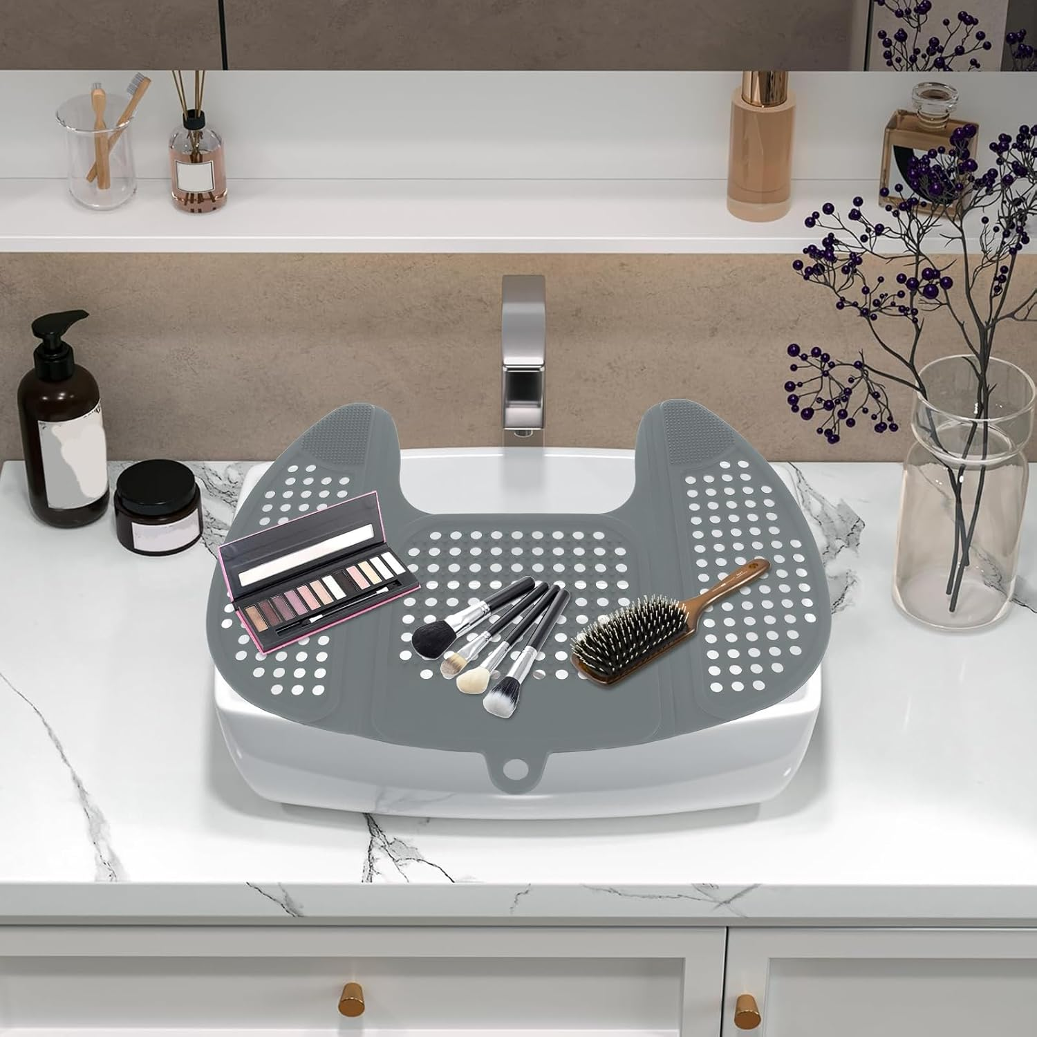 Foldable Bathroom Sink Cover for Counter Space - Silicone Makeup Mat over Sink - Heat Resistant Brush Cleaner Mat (Gray) image number 5