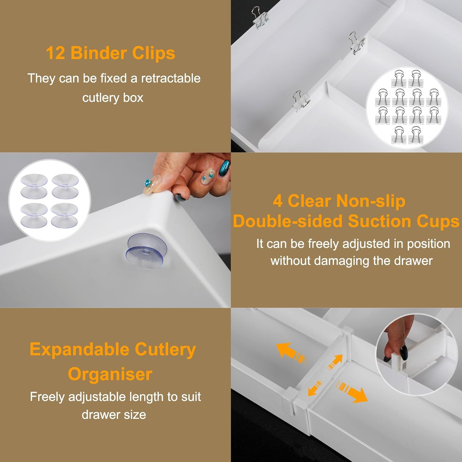 Cutlery Drawer Organiser, Expandable(10.6"-20") Utensil Drawer Organiser, Kitchen Drawer Organizer with 9 Compartments and Non-Slip Base, 4-Way Adjustable Cutlery Tray Organizer for Spoons Forks image number 3