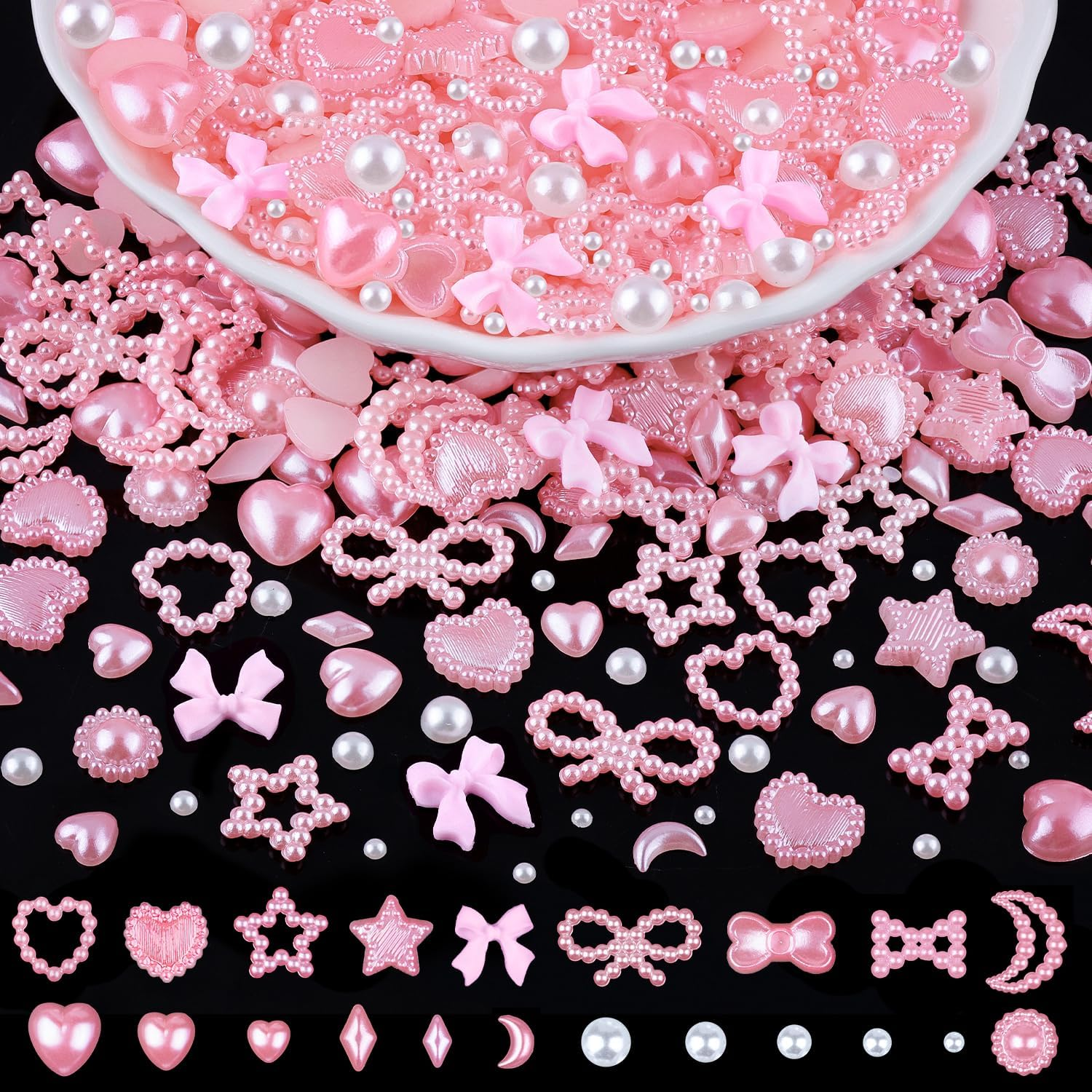 1200Pcs 3D Multi Shapes Nail Charms and Flatback Pearls, White&Pink Mix Styles Heart Star Bow Sunflower Embellishments for Nail Art, Craft and Decoration with Tweezer and Pickup Pencil
