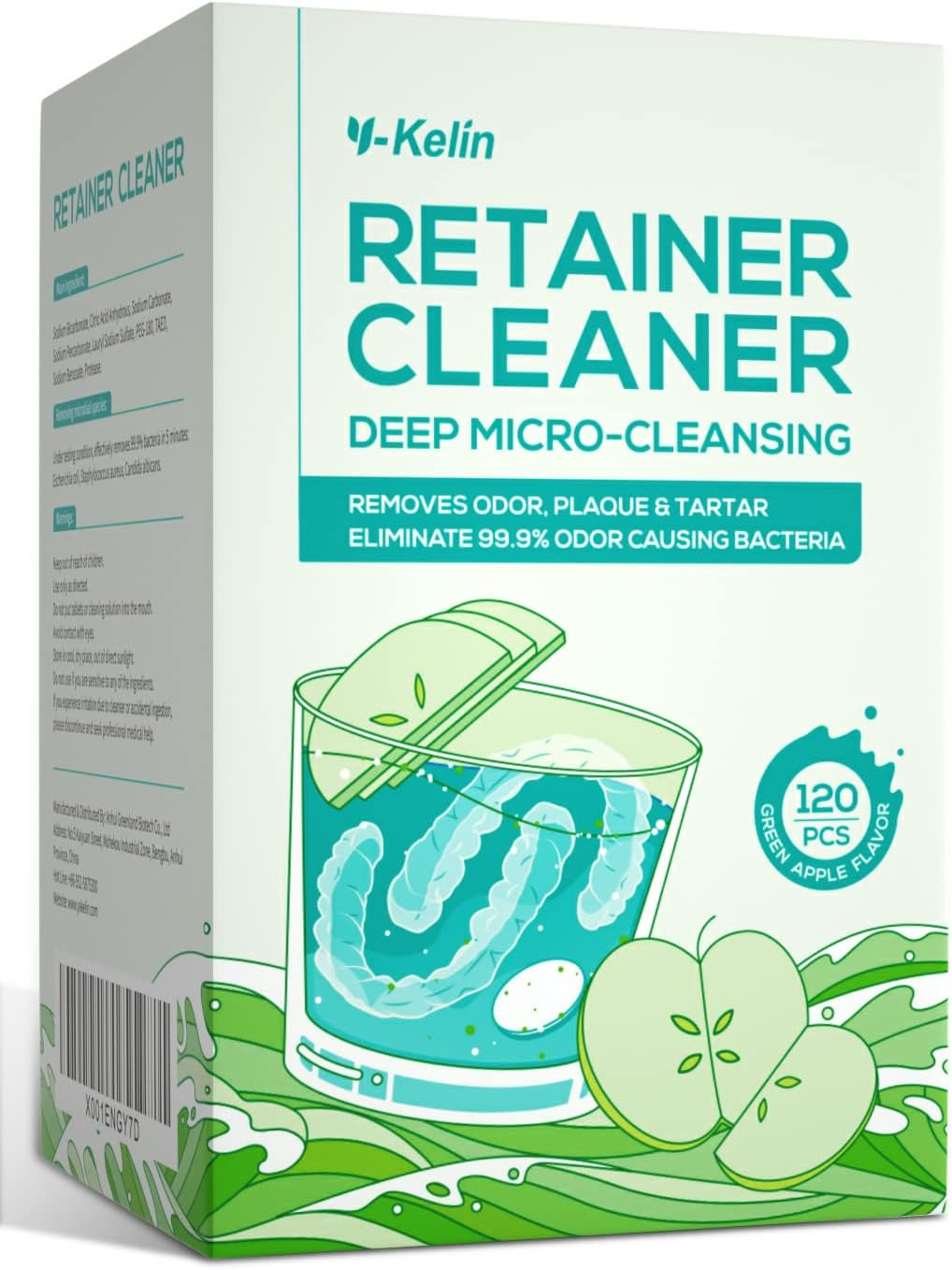 Y-Kelin Retainer Cleansing Tablets 120 Tab 4 Months Supply-New Formulation Flavor Cleaner for Retainer, Invisalign, Denture, Mouth Guard (Apple)