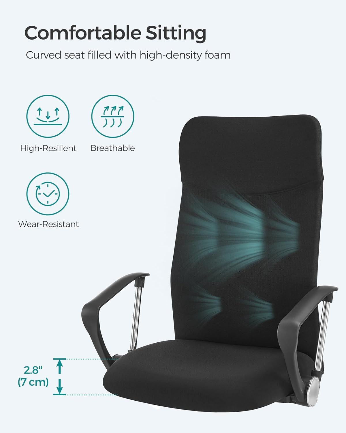 SONGMICS OBN034B01 Office Chair Ergonomic Desk Chair Swivel Chair Padded Seat Height Adjustable and Tilt up to 120 Kg Load Capacity Black image number 4