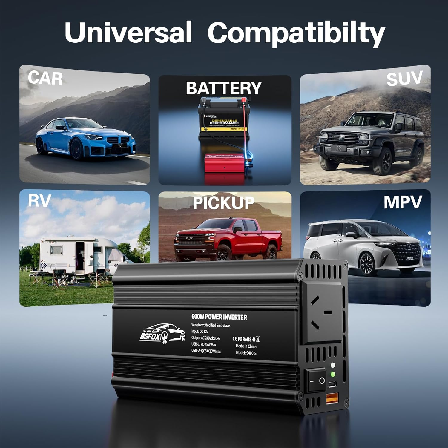 600W Power Inverter DC12V to 230V 240V AC Car Inverter with PD45W and QC 3.0 20W 4.8A USB Port to Charge Your Game Consoles, Car Electronic Devices - Black image number 6