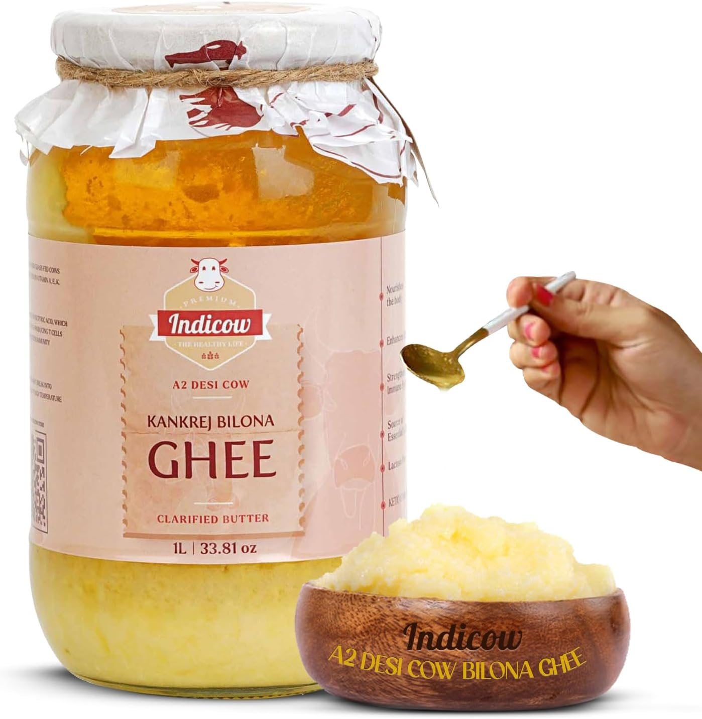 Indicow Farms A2 Cow Ghee/Clarified Butter | Hand Churned, Bilona | Organic Grass Fed Ghee | Keto and Paleo Friendly (A2 Kankrej Cows Bilona, 1000Ml/33.8Oz) image number 6