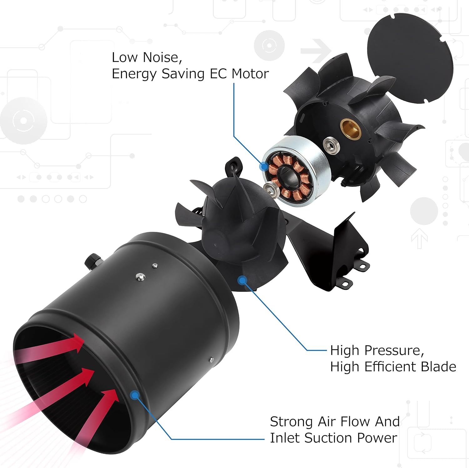6 Inch Inline Duct Fans, 350 CFM Ventilation Exhaust Fan Ideal for Indoor Heating Cooling Transfer or Grow Tents Air Boosting, with Variable Speed Controller image number 2