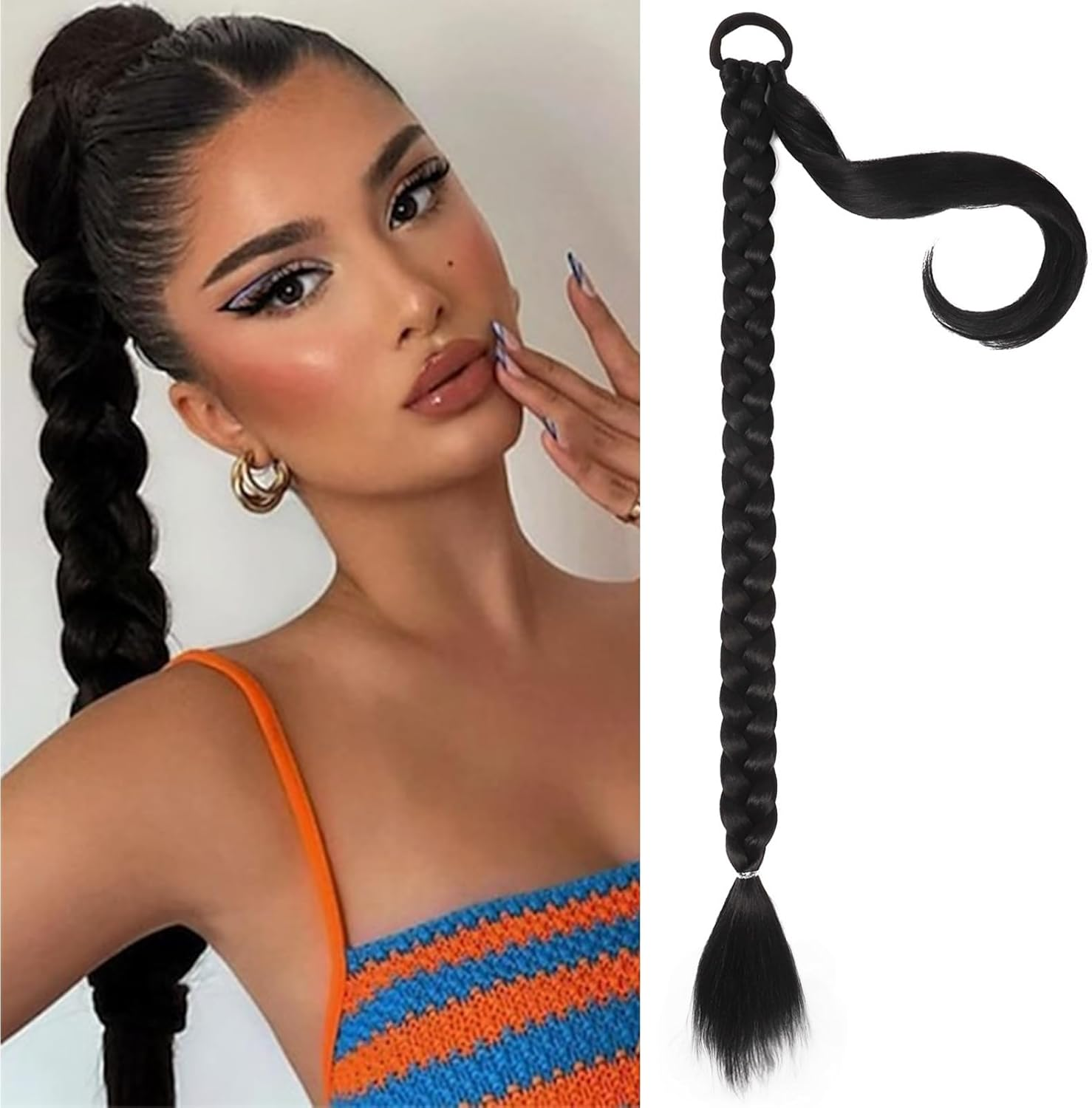 BECUS Long Braid Ponytail Extension with Elastic Tie Straight Sleek Wrap around Braid Hair Extensions for Women Ponytail Natural Soft Synthetic Hairpiece Black Brown 32 Inch(After Braided 30 Inch)