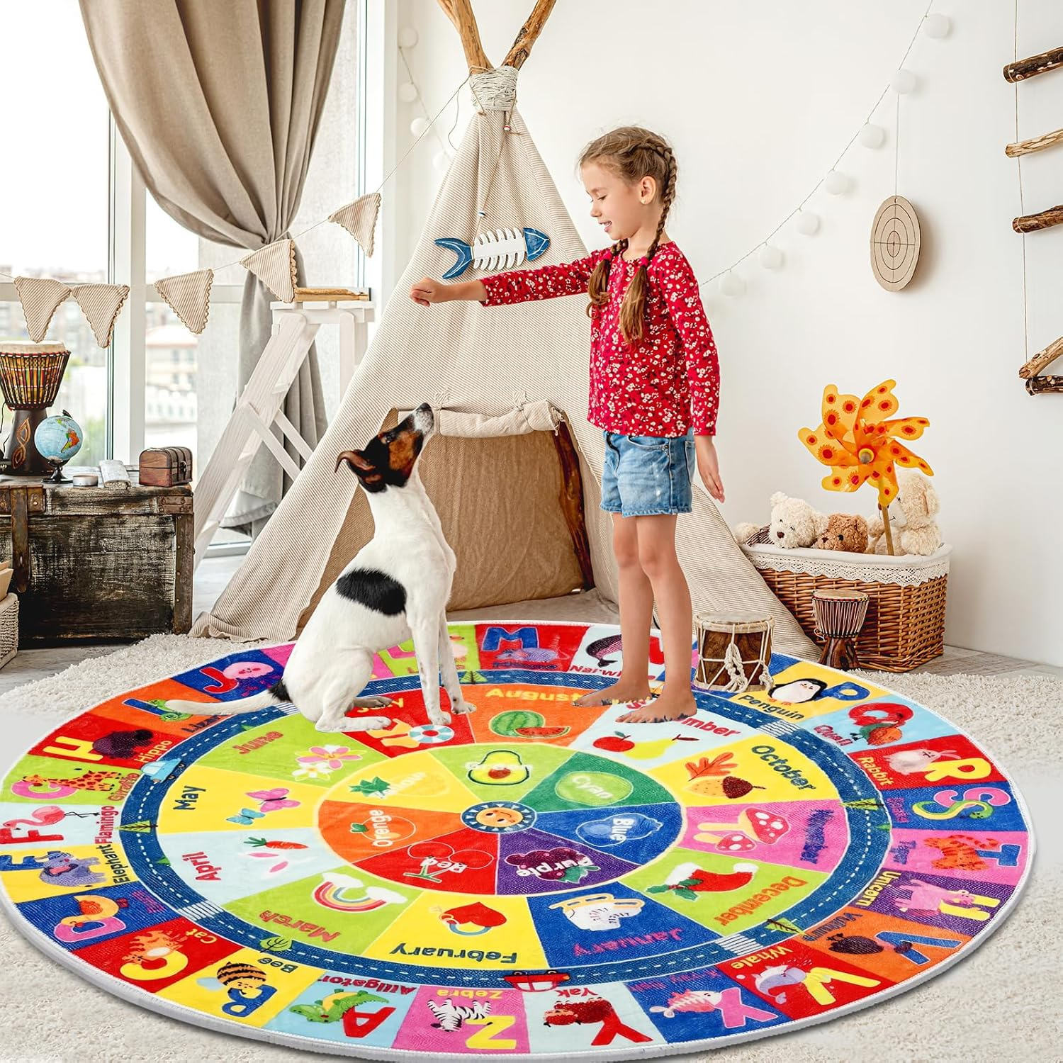 Kid'S Velvet round Rug Soft Floor Playmat for Baby, Cartoon Plush Educational Learning Have Fun Area Rug, Multifunctional Study Activity Centerpiece Play Mat (Color C, 100 * 100Cm) image number 5