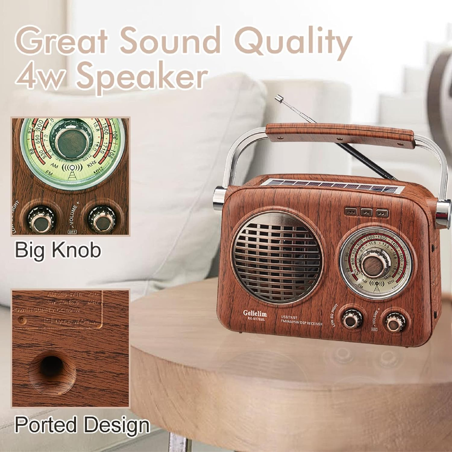 Gelielim Portable Radio Retro, AM FM Shortable Radio with Best Reception, Small Vintage Radio with Bluetooth Speaker, Rechargeable/Solar/Battery Radio, Supports TF Card/Usb Player, Emergency Torch