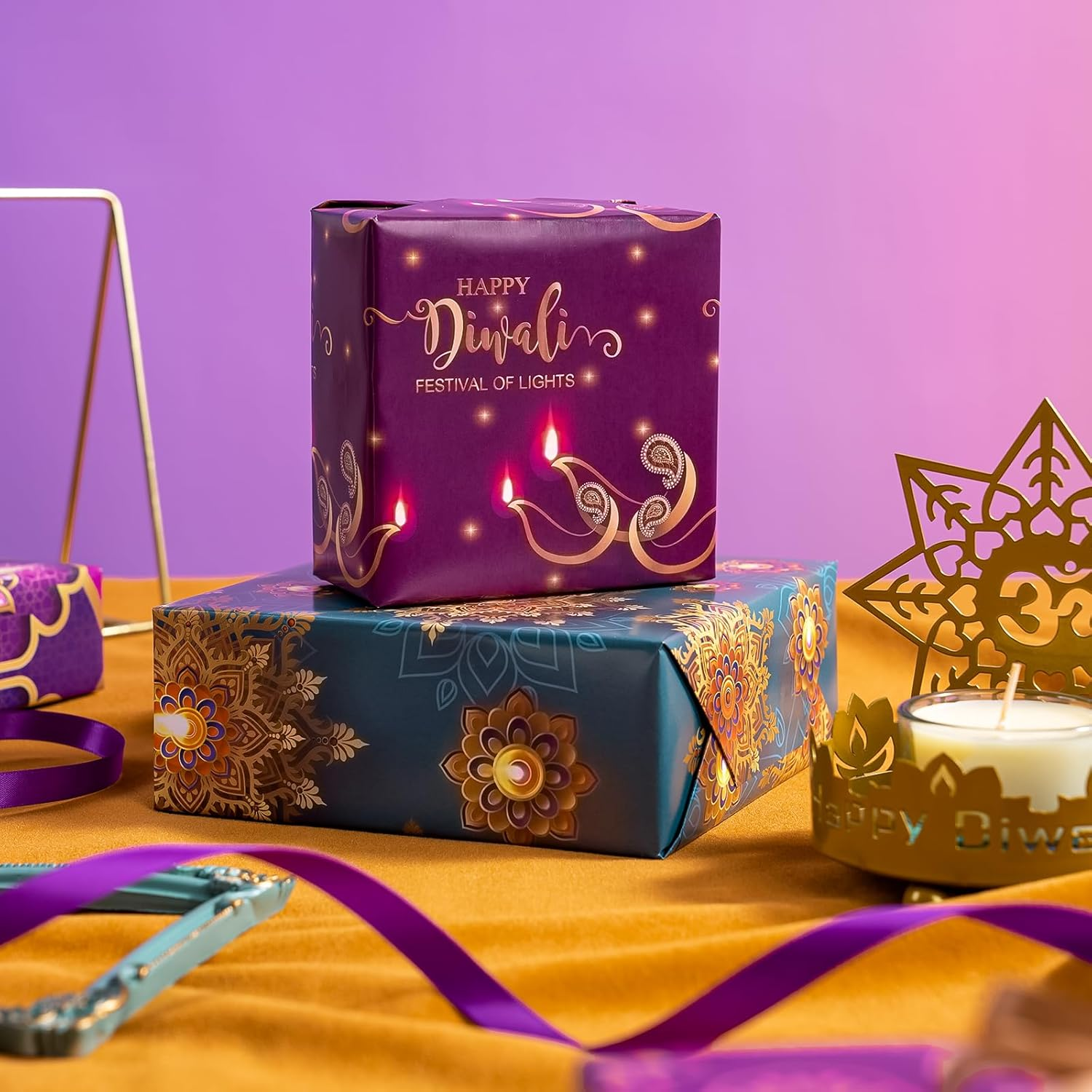 WRAPAHOLIC Diwali Wrapping Paper Sheet - 12 Sheets Happy Diwali the Festival of Lights Design Folded Flat for Holiday, Party Celebration - 19.7 Inch X 27.5 Inch per Sheet image number 2