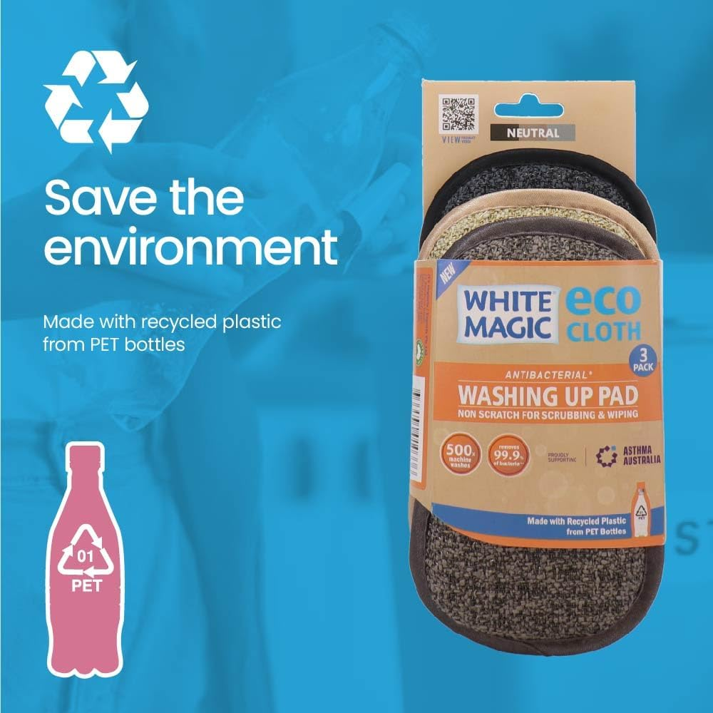 White Magic Eco Cloth Washing up Pad 3 Pack, Neutral - Double-Sided, Non-Scratch for Tough Messes & Gentle Cleaning, Machine Washable, Multi-Purpose Scrubbing Pads for Dishes & Surfaces