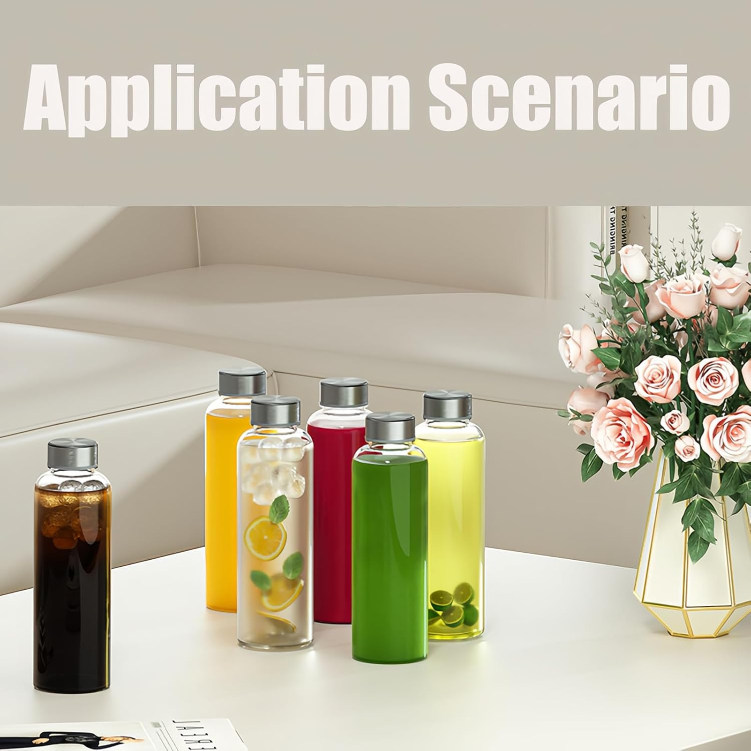 Taoluwin Glass Water Bottle Set, 6-Pack 18OZ Clear Glass Bottles, Reusable & Leak Proof Juice Containers for Water, Juice, Tea, and More image number 6